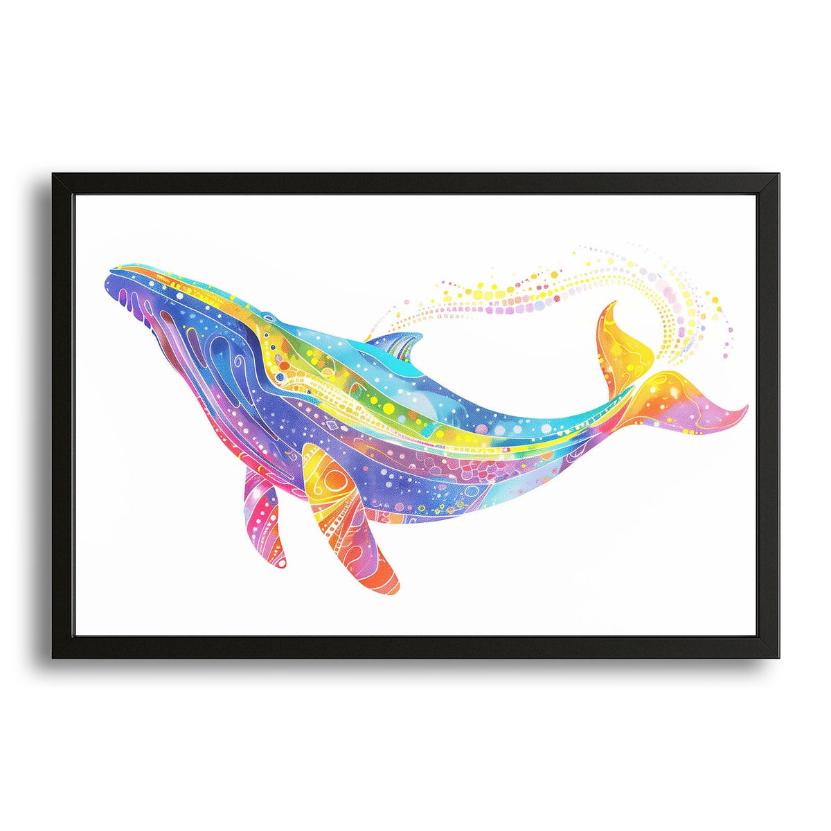 Celestial Rainbow Whale Art — contemporary canvas print in white tones, with Premium Black frame on white background