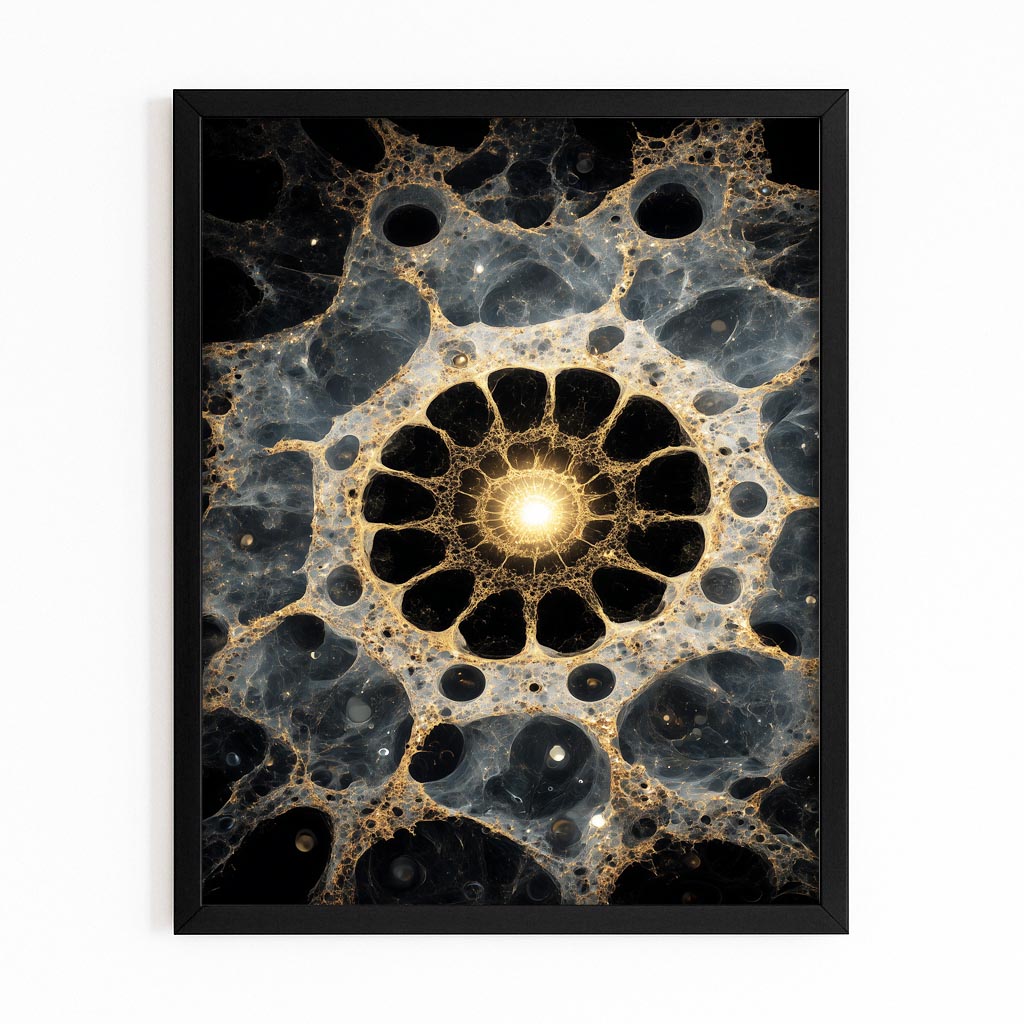 Cellular Gold Mandala Canvas Art – with Premium Black frame on white background