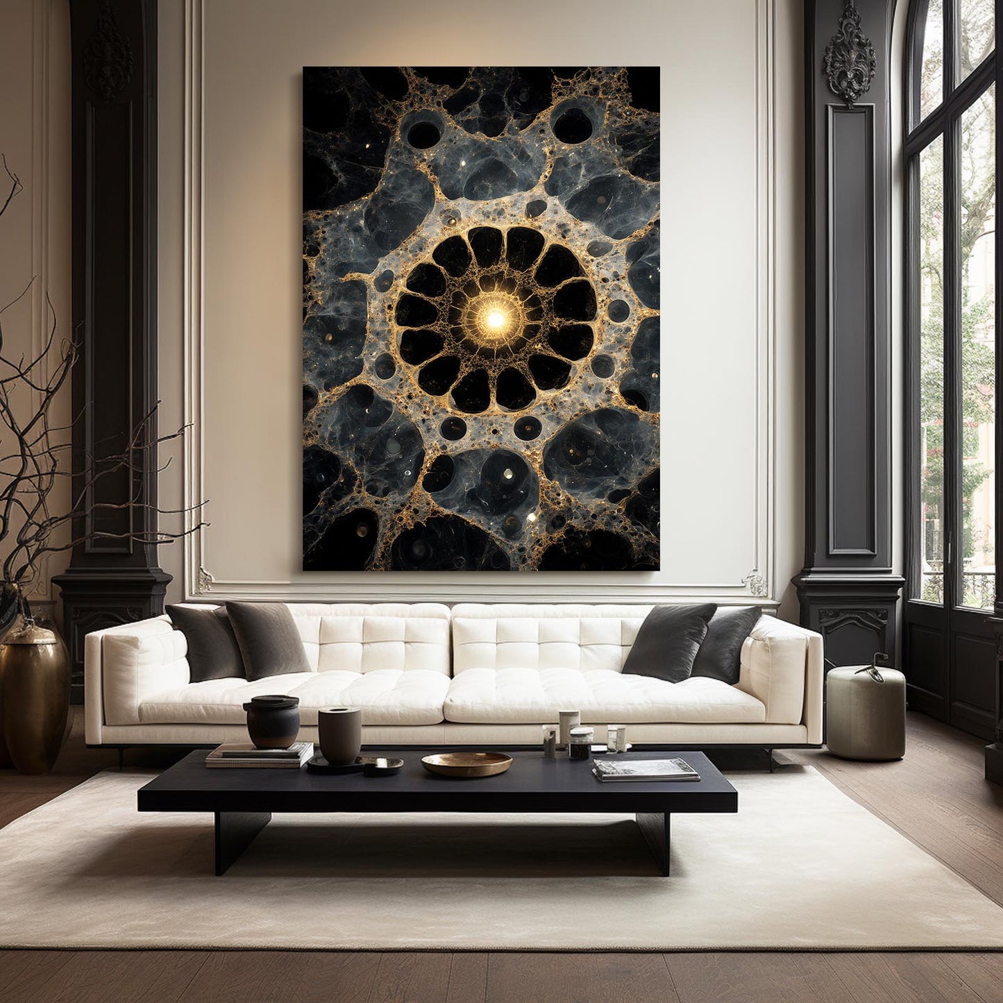 Cellular Gold Mandala Canvas Art – styled in a furnished interior