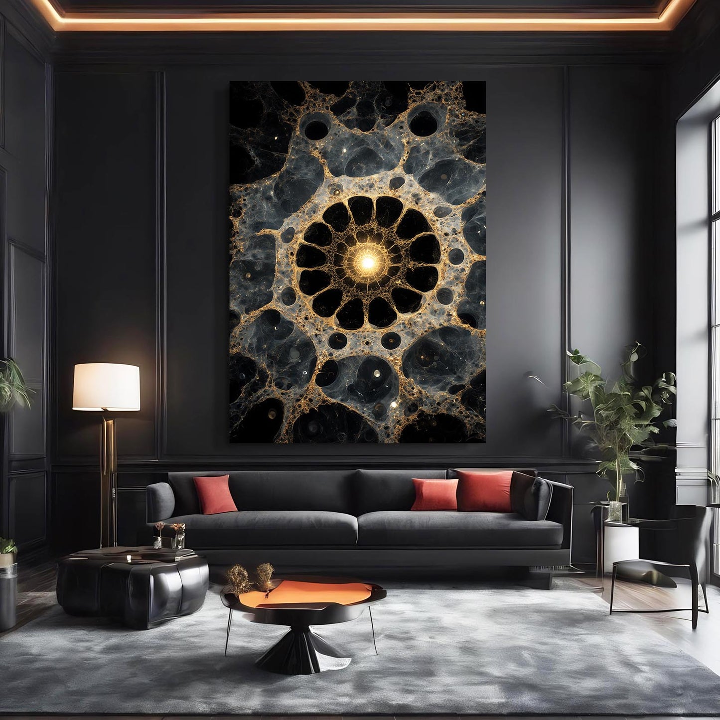Cellular Gold Mandala Canvas Art – styled in a furnished interior