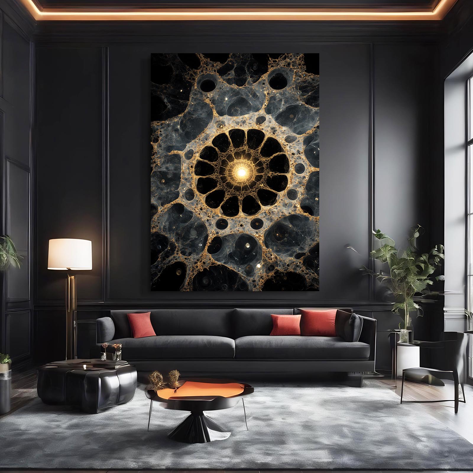 Cellular Gold Mandala Canvas Art – styled in a furnished interior