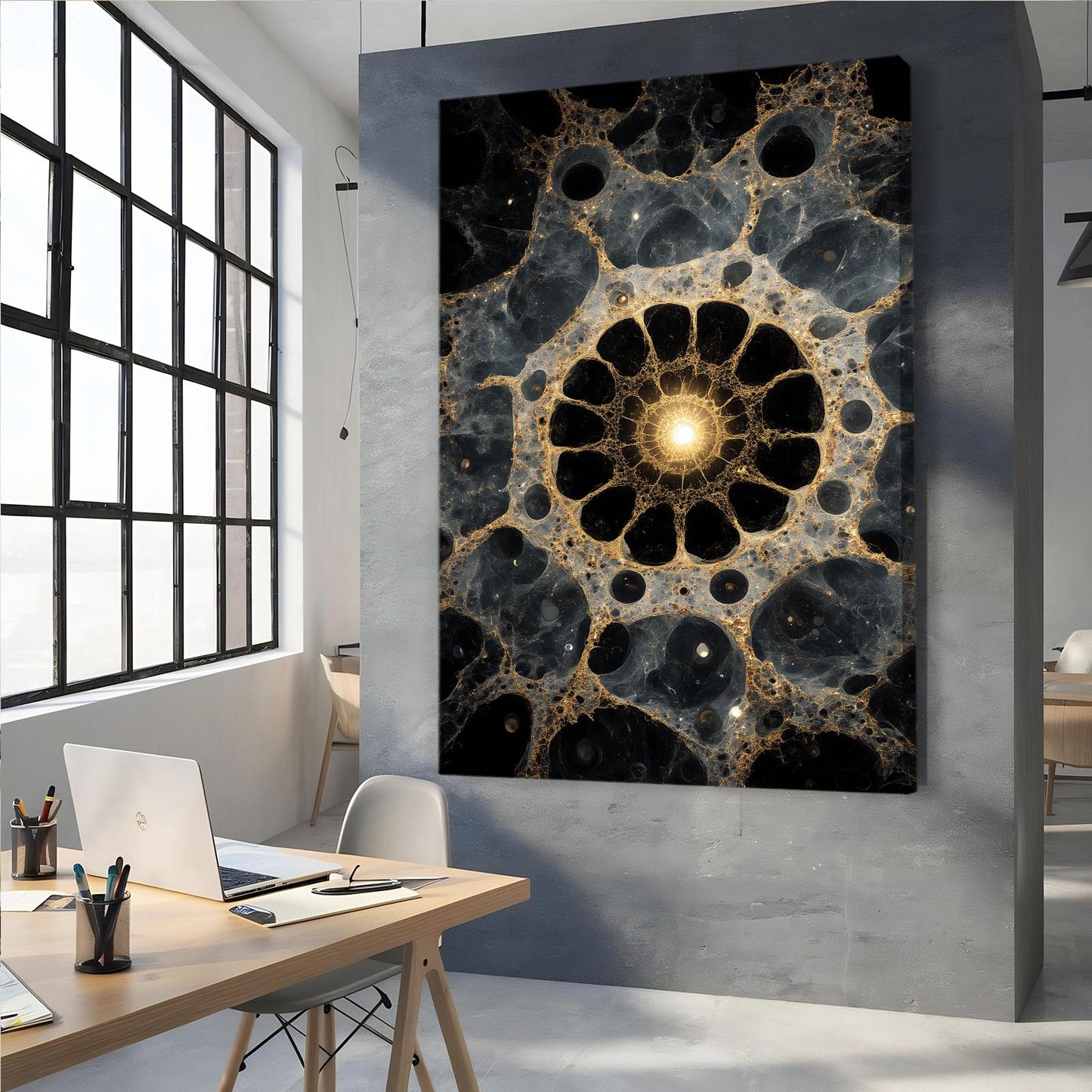 Cellular Gold Mandala Canvas Art – styled in a furnished interior