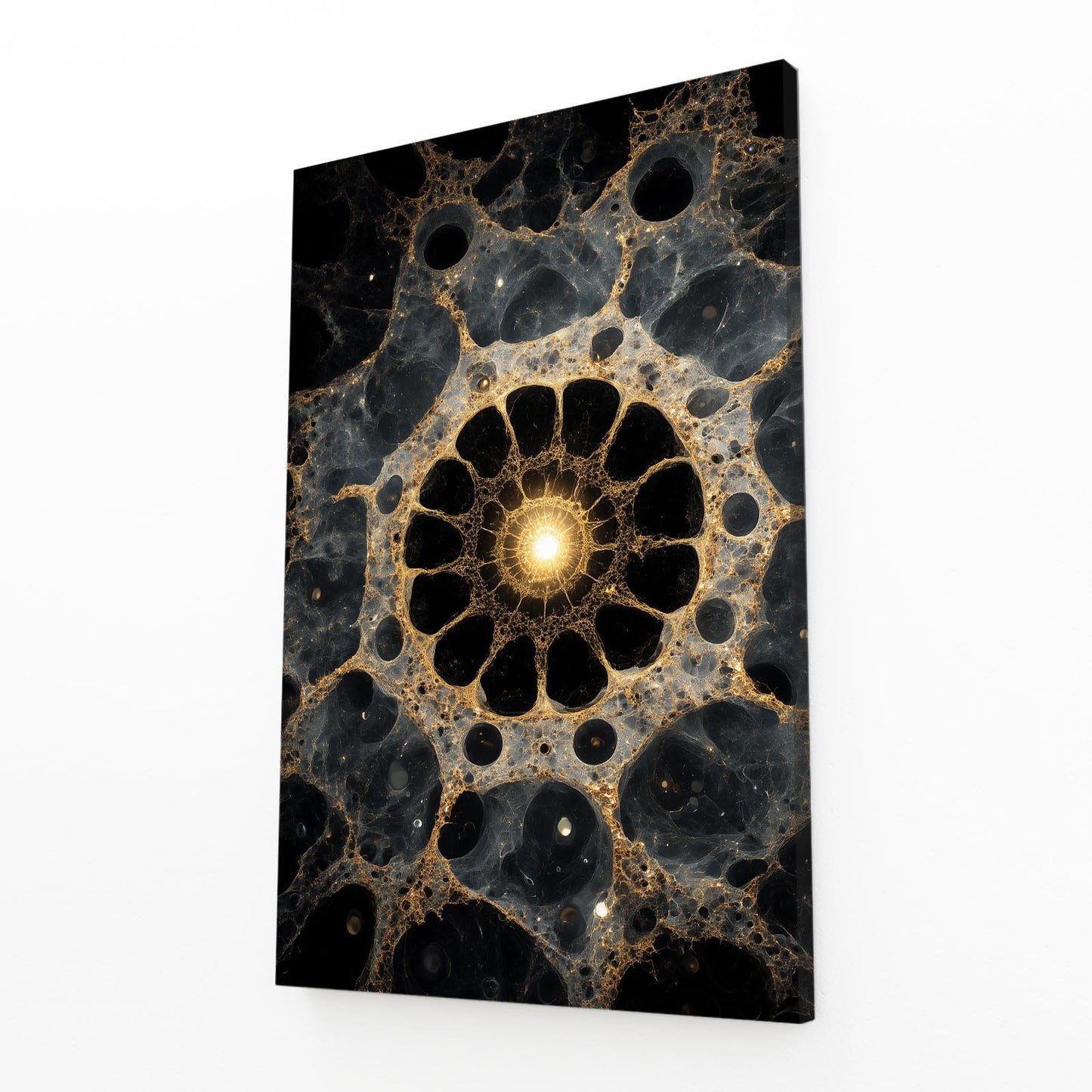 Cellular Gold Mandala Canvas Art – angled canvas view on white background