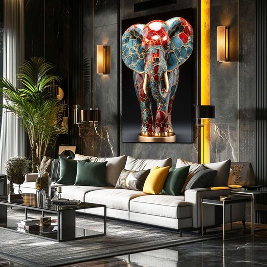 Ceramic Mosaic Elephant Art — 3d canvas print in white tones, view 3