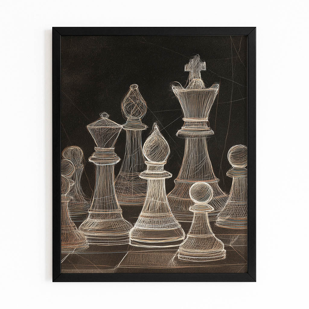 Chalk Sketched Set Chess Wall Art – with Premium Black frame on white background