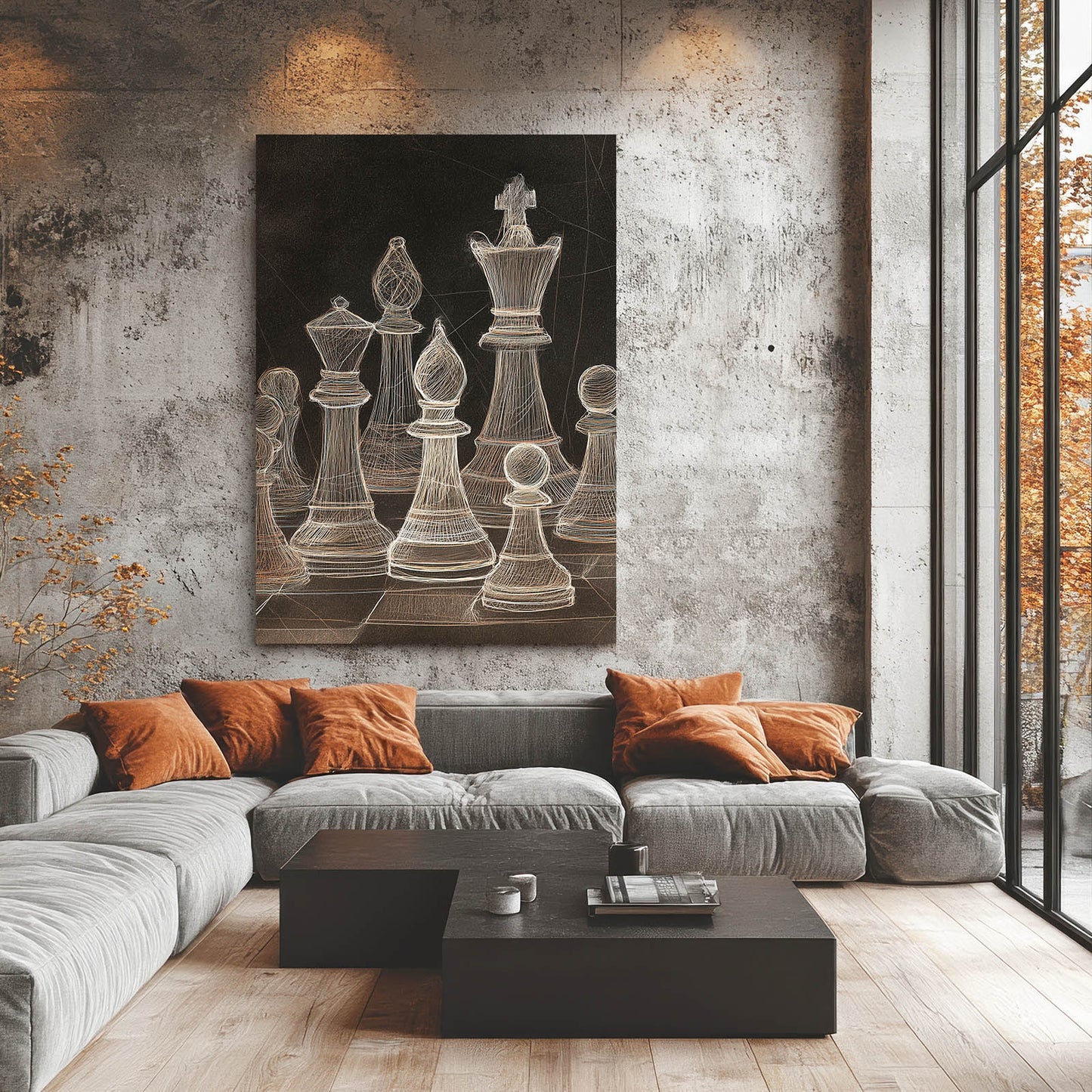 Chalk Sketched Set Chess Wall Art – styled in a furnished interior