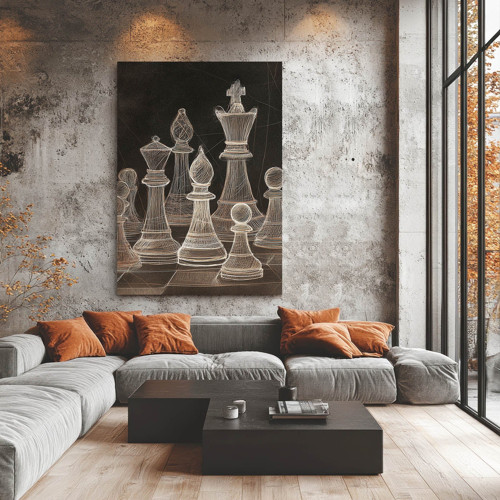 Chalk Sketched Set Chess Wall Art – styled in a furnished interior