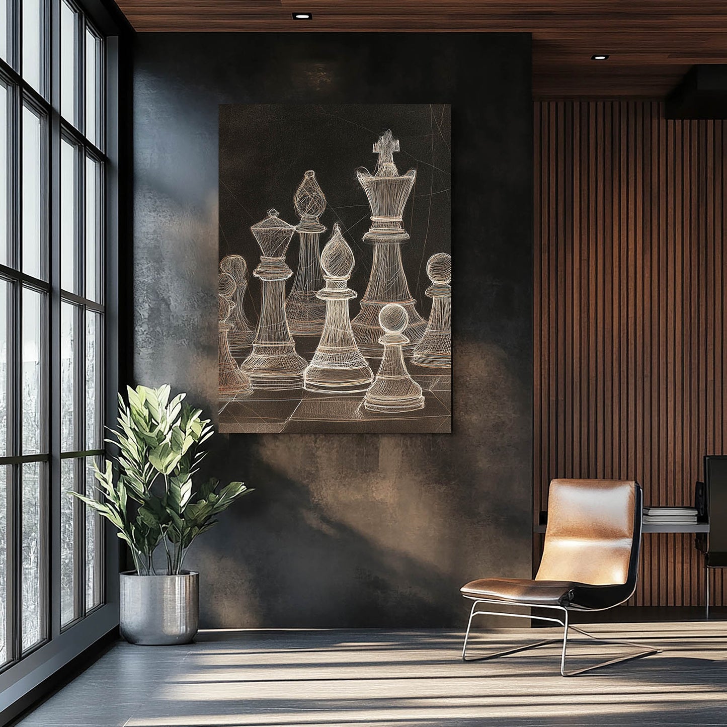 Chalk Sketched Set Chess Wall Art – styled in a furnished interior