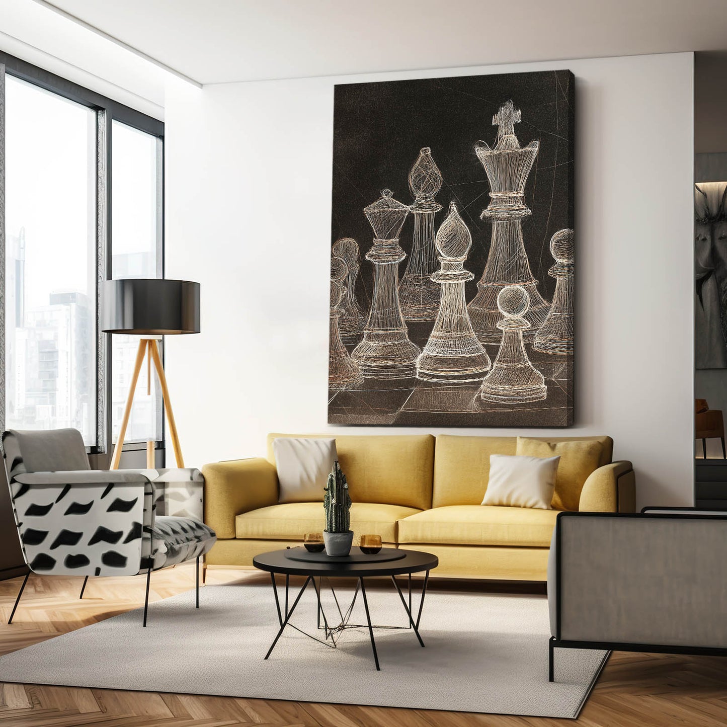 Chalk Sketched Set Chess Wall Art – styled in a furnished interior