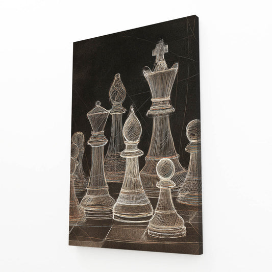 Chalk Sketched Set Chess Wall Art – angled canvas view on white background