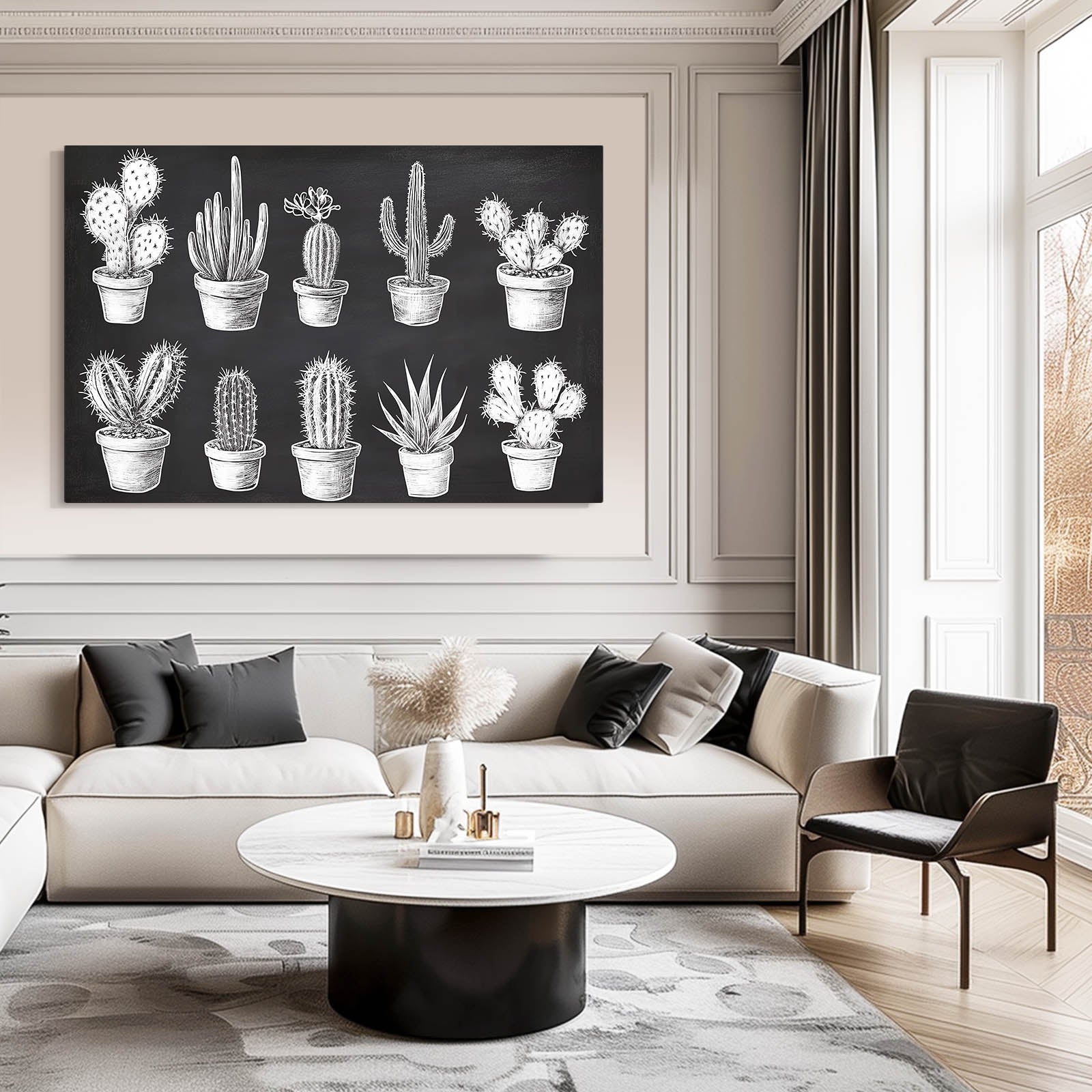 Chalk Specimen Chart Cactus Wall Art – styled in a furnished interior