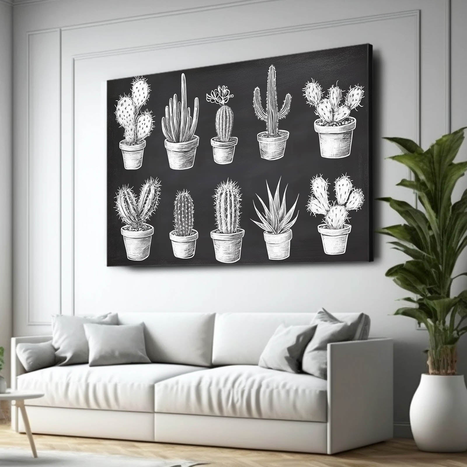 Chalk Specimen Chart Cactus Wall Art – styled in a furnished interior