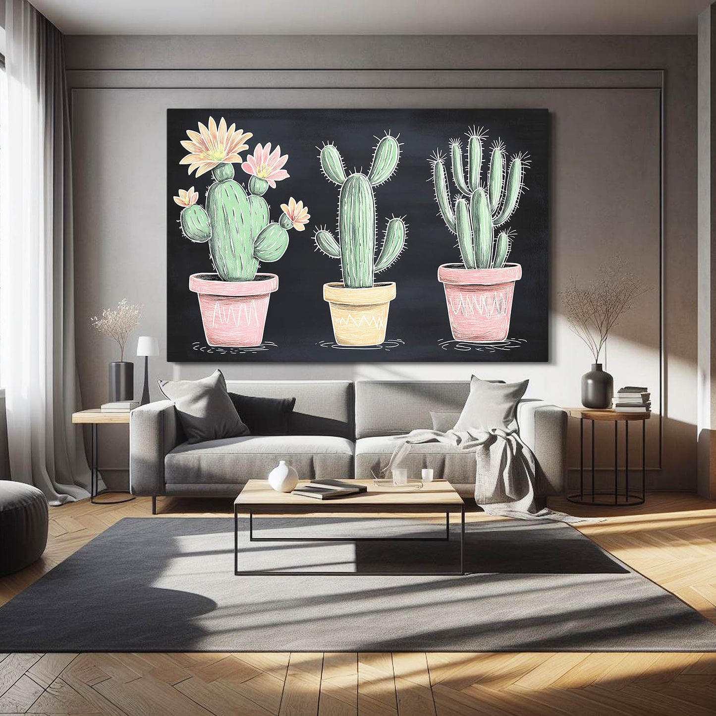 Chalkboard Potted Trio Cactus Wall Decor – styled in a furnished interior