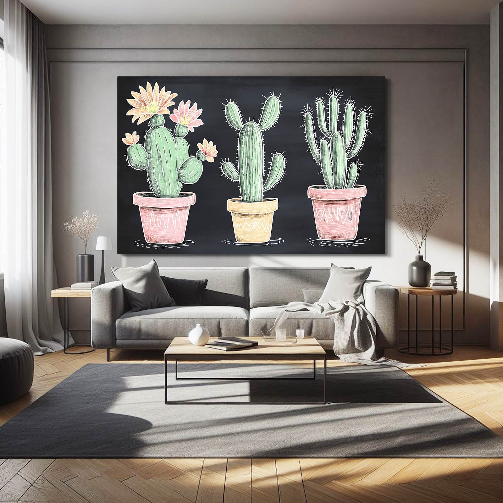 Chalkboard Potted Trio Cactus Wall Decor – styled in a furnished interior