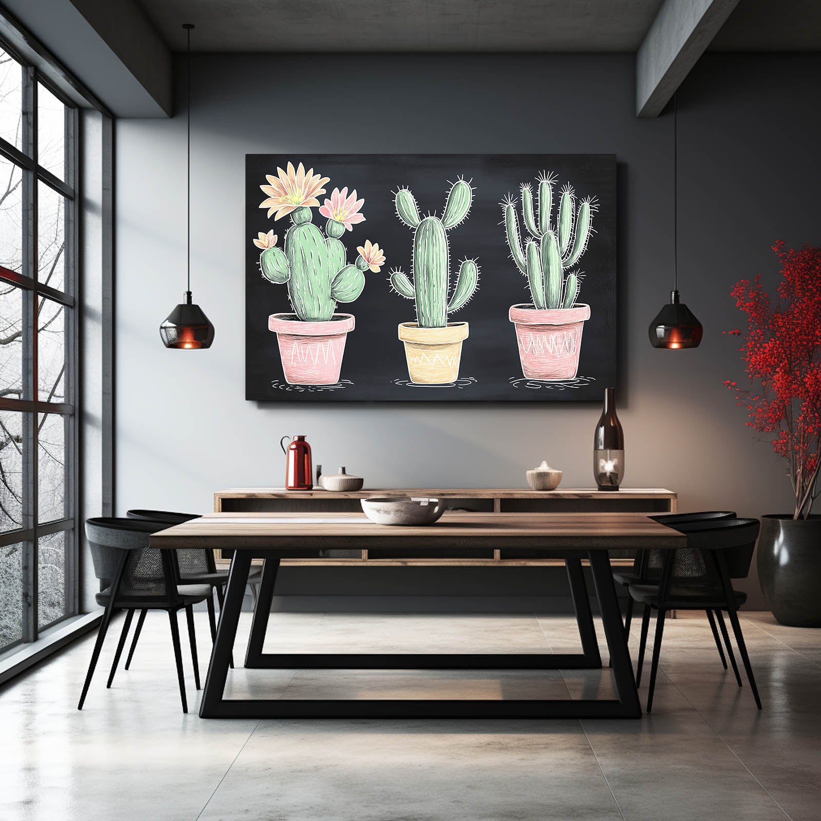 Chalkboard Potted Trio Cactus Wall Decor – styled in a furnished interior