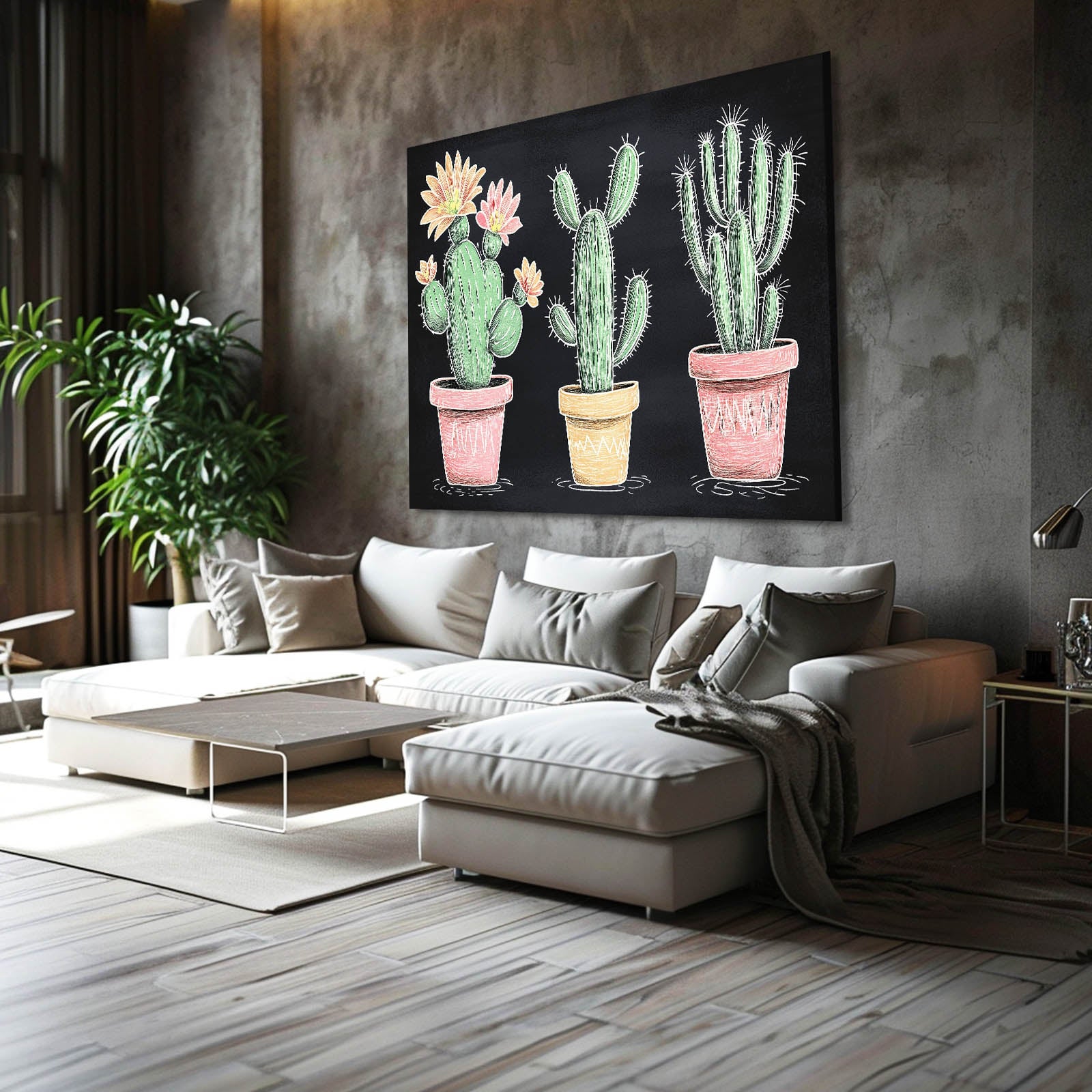 Chalkboard Potted Trio Cactus Wall Decor – styled in a furnished interior