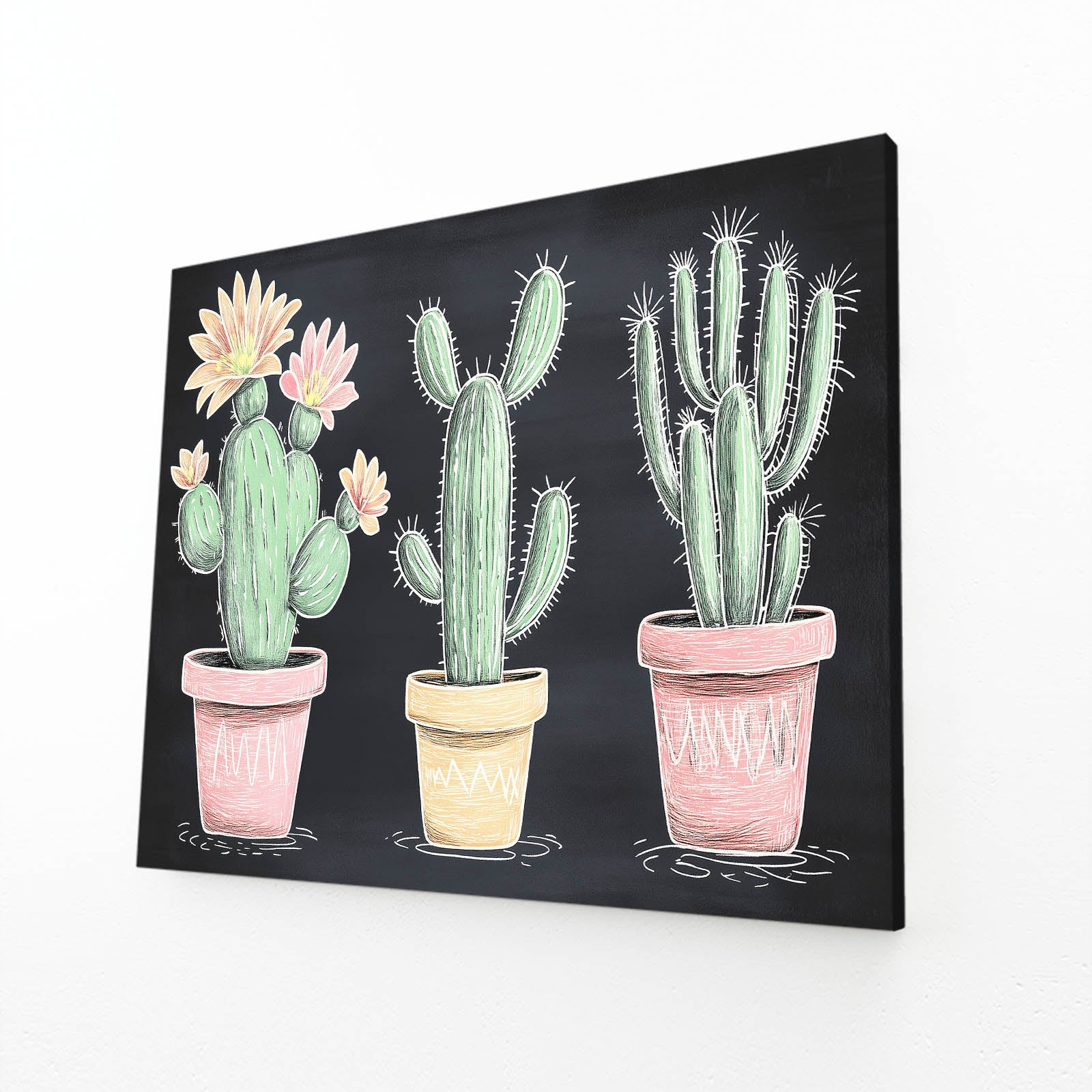 Chalkboard Potted Trio Cactus Wall Decor – angled canvas view on white background
