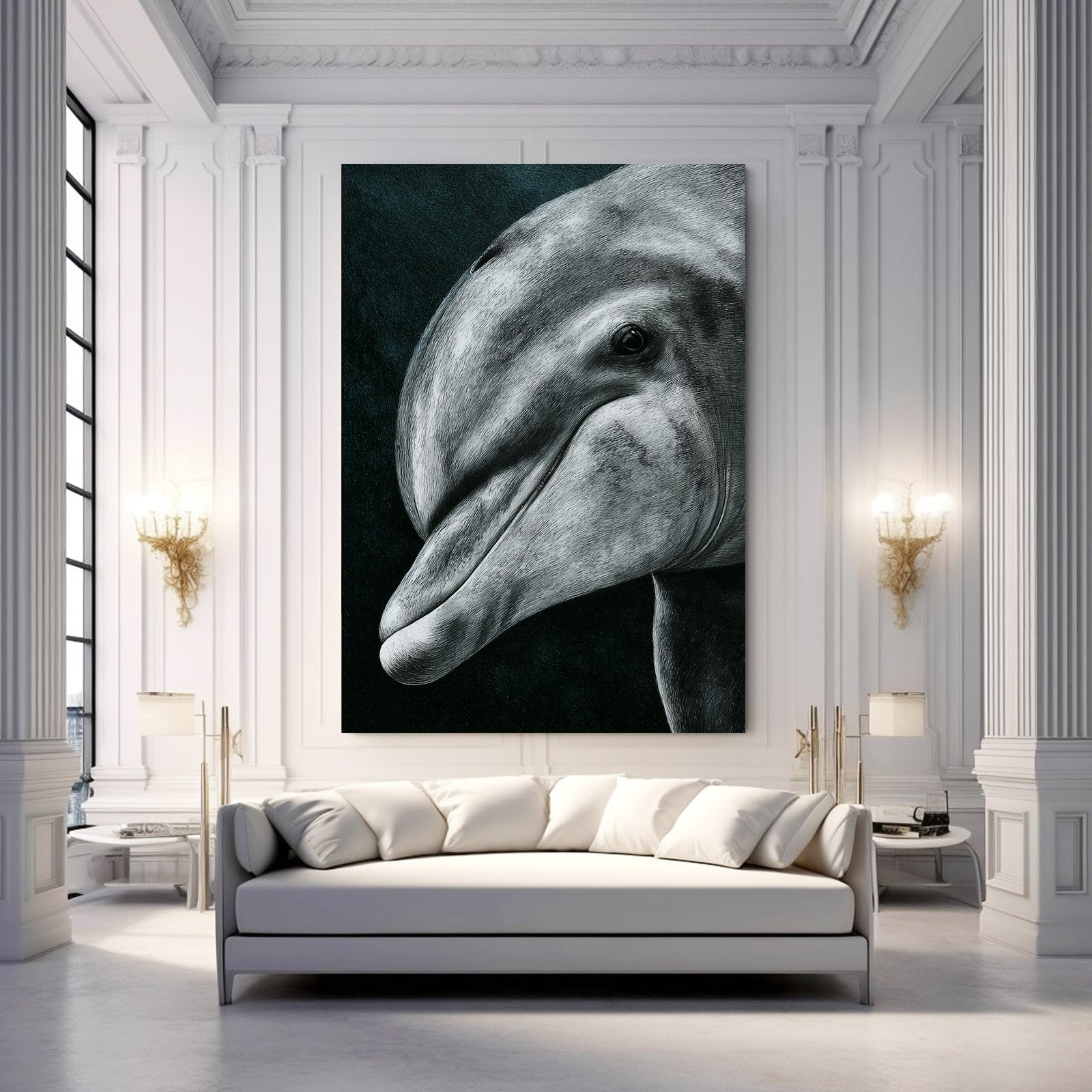 Charcoal Gaze Dolphin Canvas – styled in a furnished interior