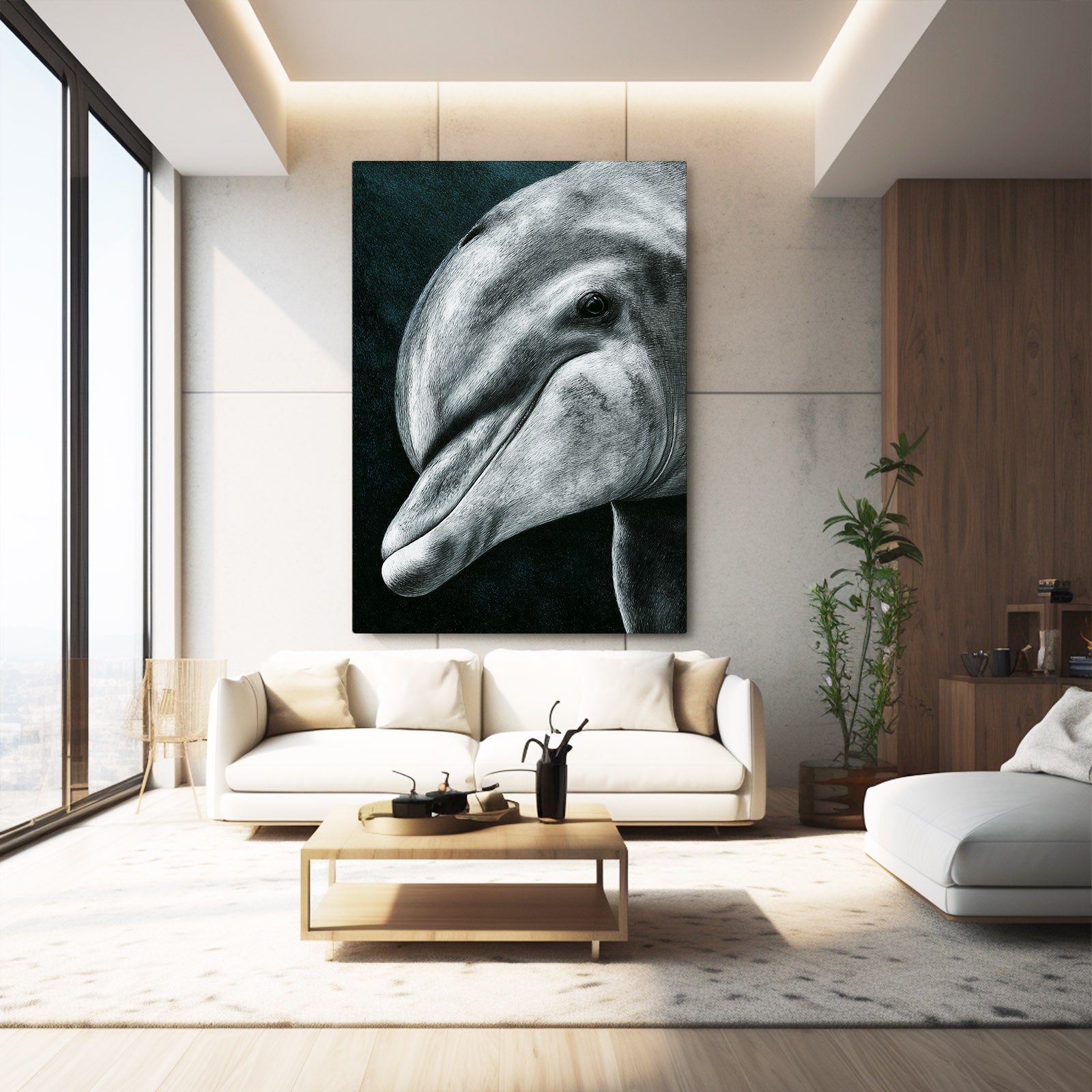 Charcoal Gaze Dolphin Canvas – styled in a furnished interior