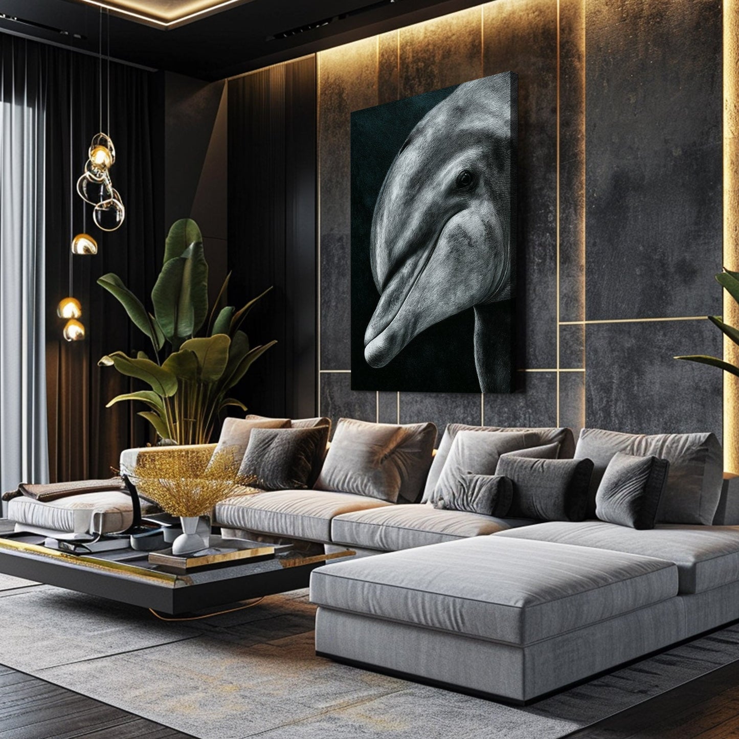 Charcoal Gaze Dolphin Canvas – styled in a furnished interior