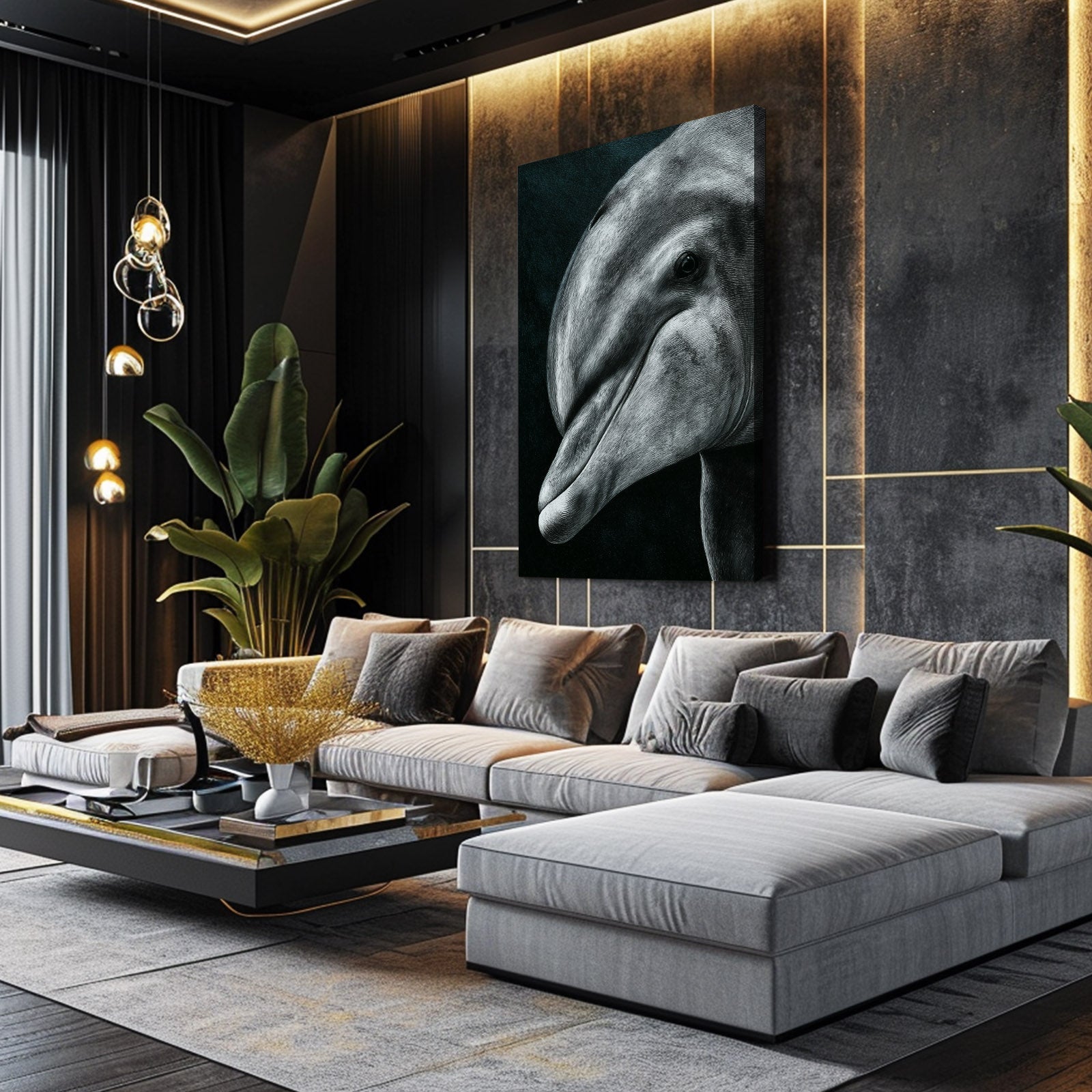 Charcoal Gaze Dolphin Canvas – styled in a furnished interior