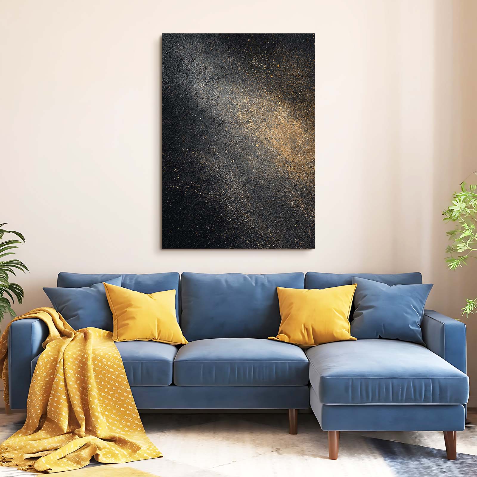 Charcoal Gold Mist Wall Art – styled in a furnished interior