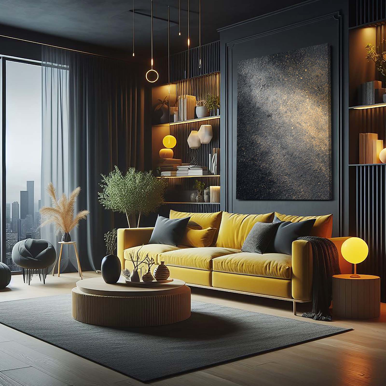 Charcoal Gold Mist Wall Art – styled in a furnished interior