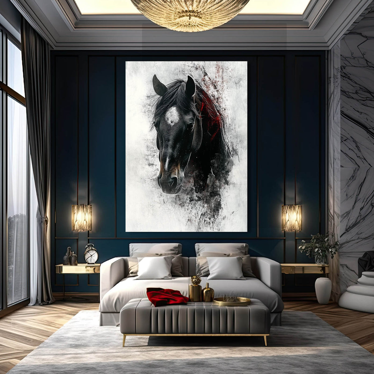 Charcoal Grit Portrait Horse Prints — contemporary canvas print, styled in a furnished interior
