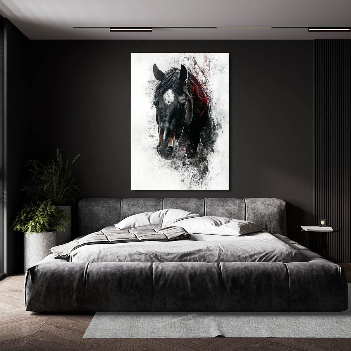 Charcoal Grit Portrait Horse Prints — contemporary canvas print, styled in a furnished interior