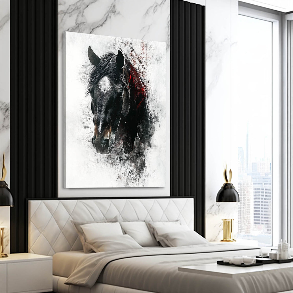 Charcoal Grit Portrait Horse Prints — contemporary canvas print, styled in a furnished interior