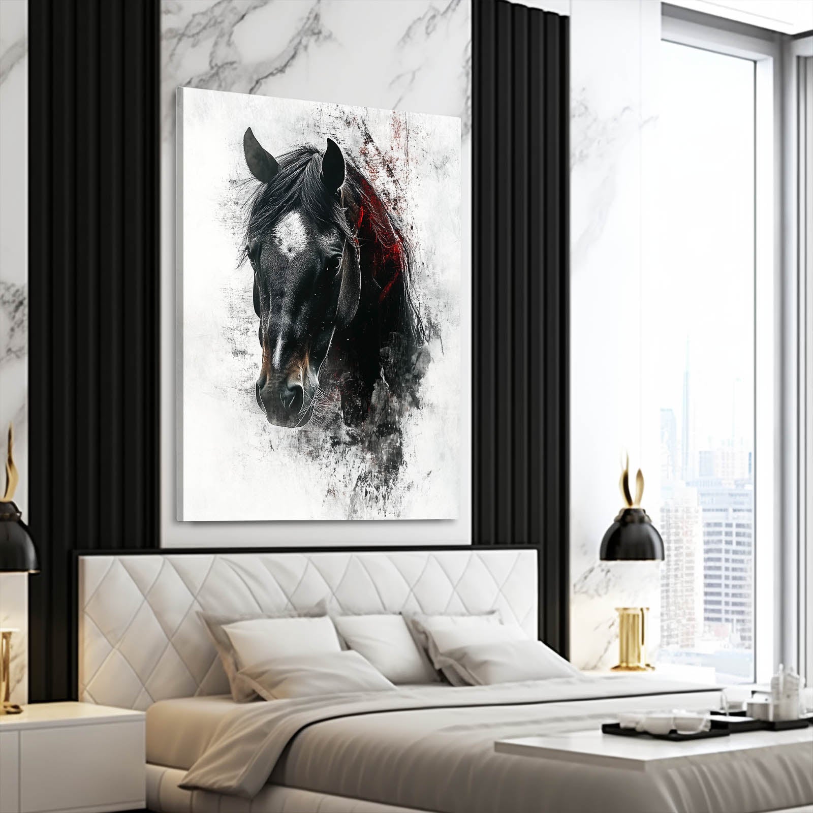 Charcoal Grit Portrait Horse Prints — contemporary canvas print, styled in a furnished interior