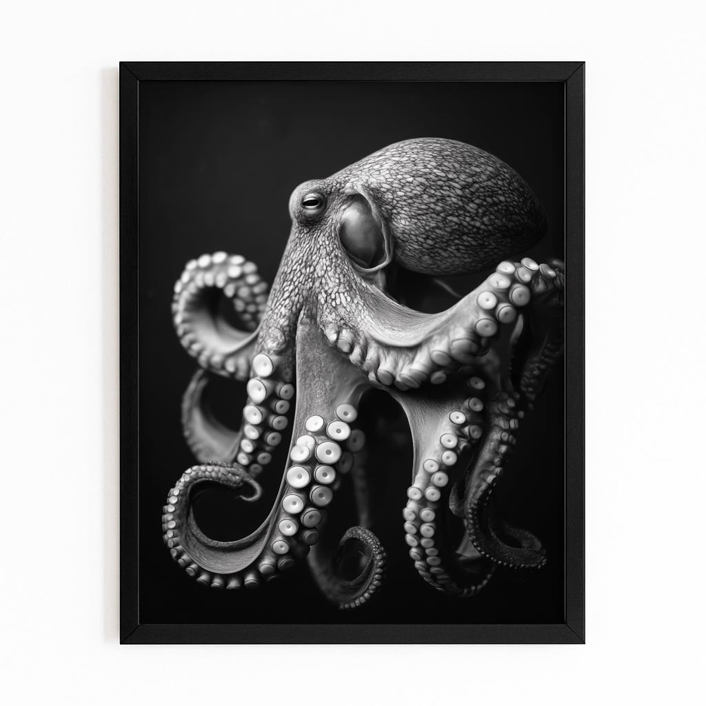 Charcoal Portrait Octopus Wall Art – with Premium Black frame on white background