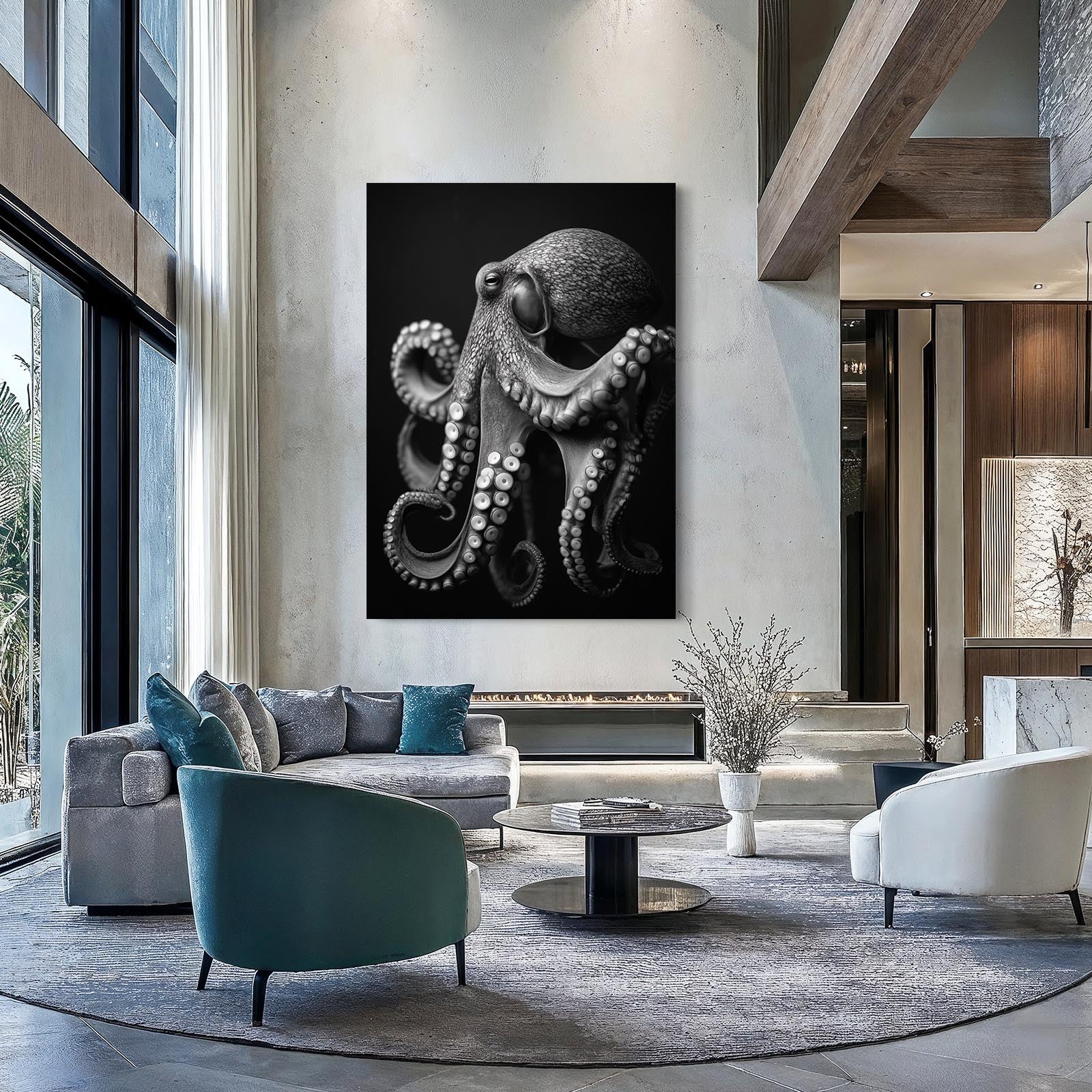 Charcoal Portrait Octopus Wall Art – styled in a furnished interior