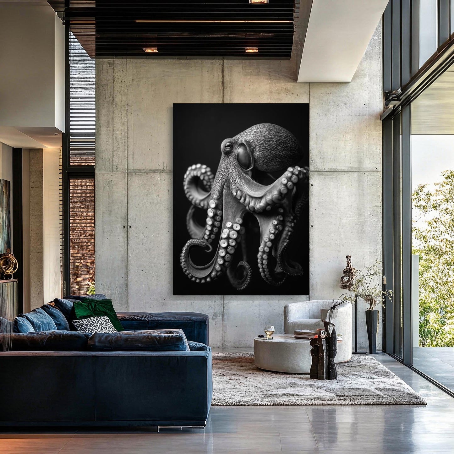 Charcoal Portrait Octopus Wall Art – styled in a furnished interior