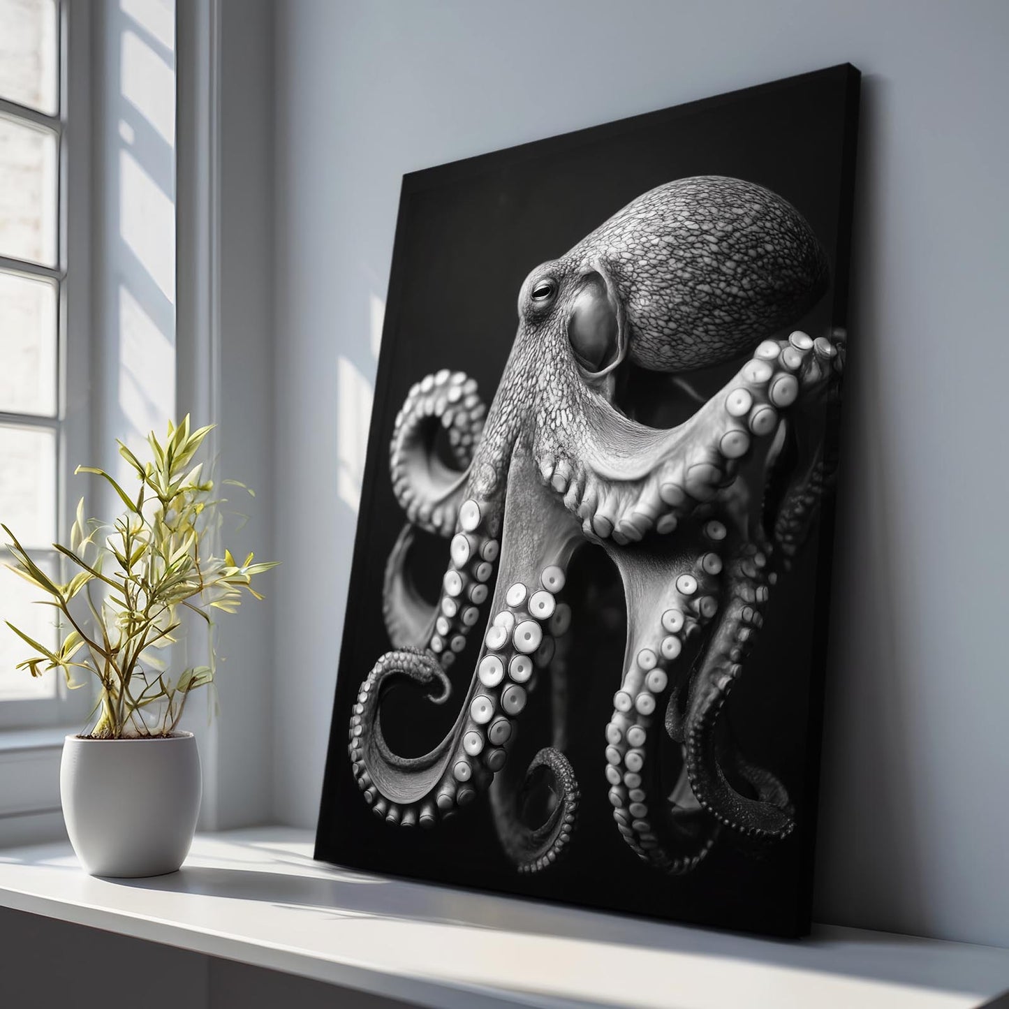 Charcoal Portrait Octopus Wall Art – styled in a furnished interior