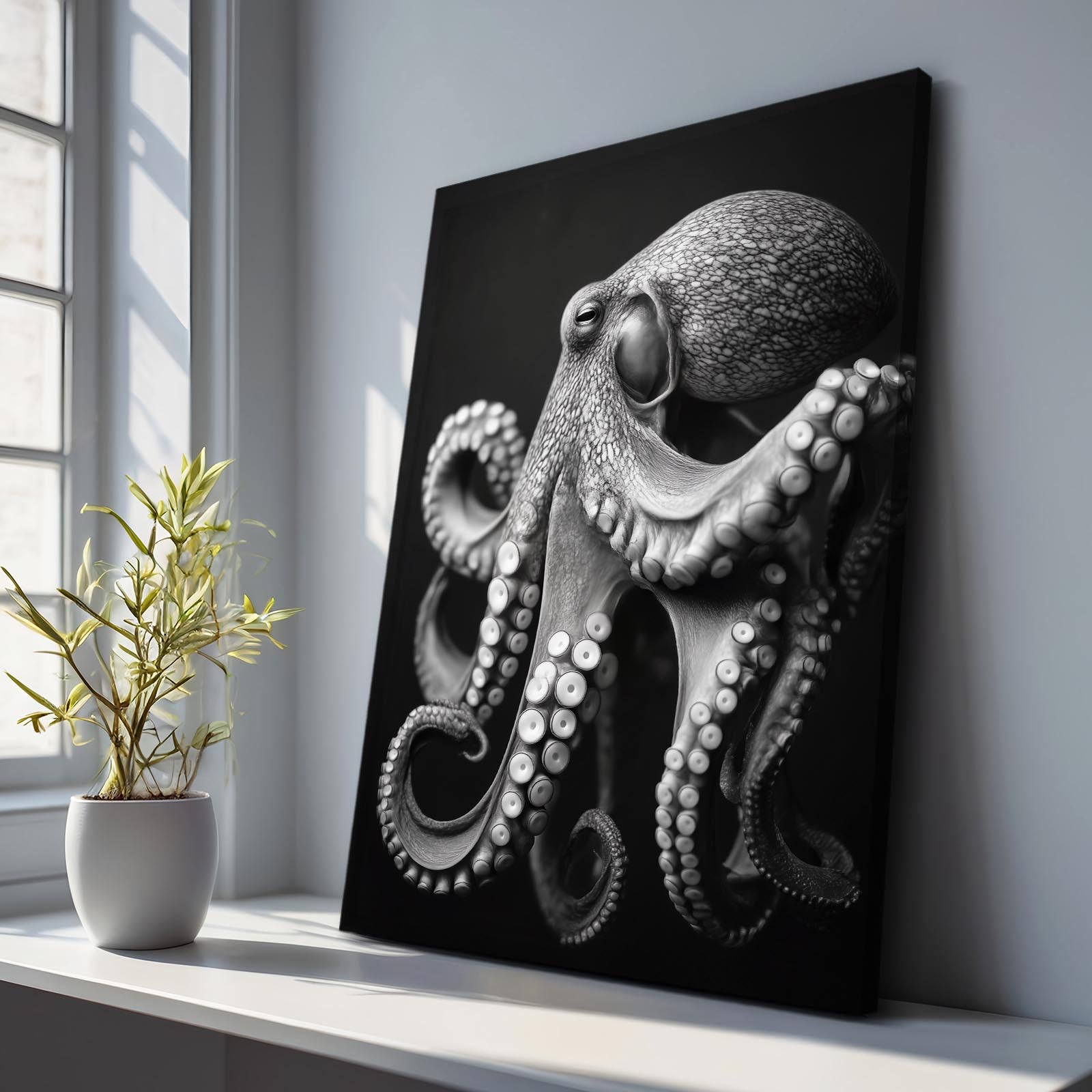 Charcoal Portrait Octopus Wall Art – styled in a furnished interior