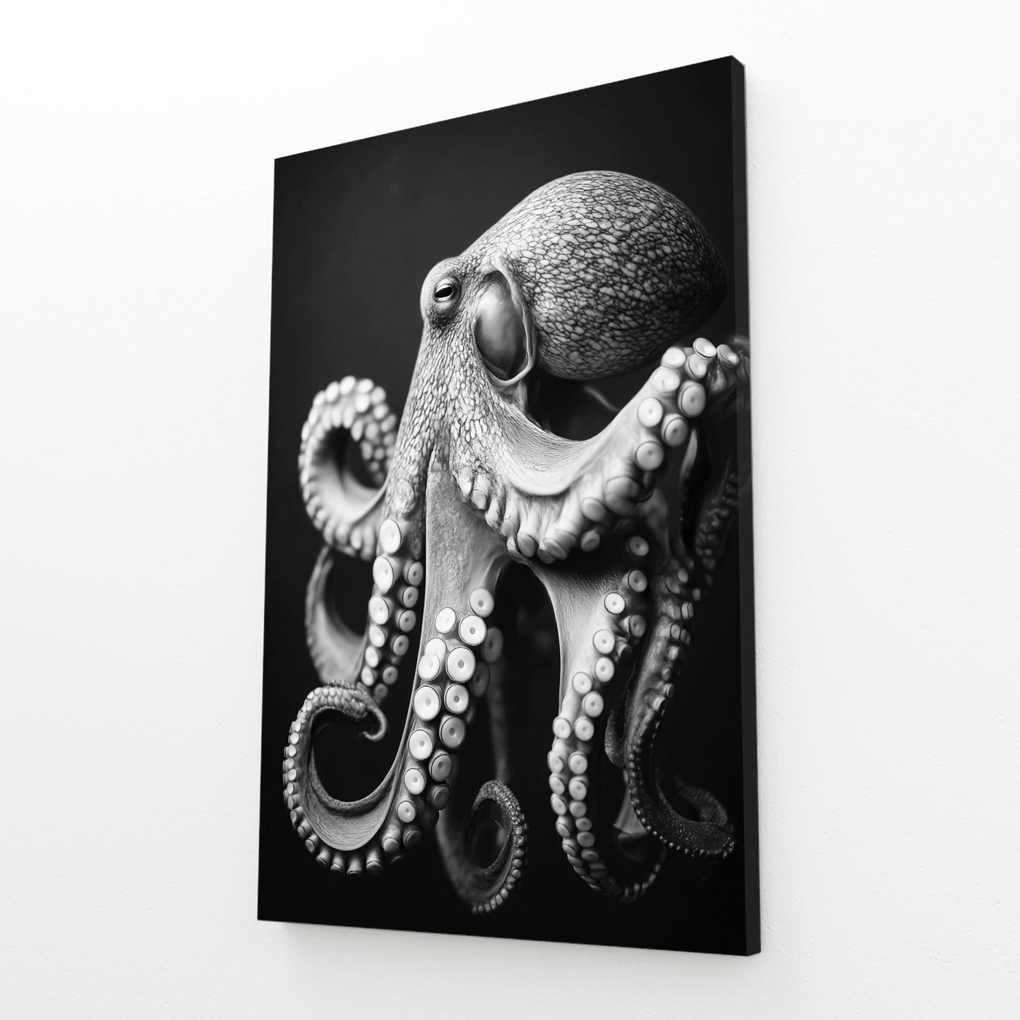 Charcoal Portrait Octopus Wall Art – angled canvas view on white background
