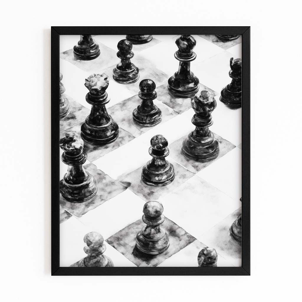 Charcoal Sketched Board Chess Prints – with Premium Black frame on white background