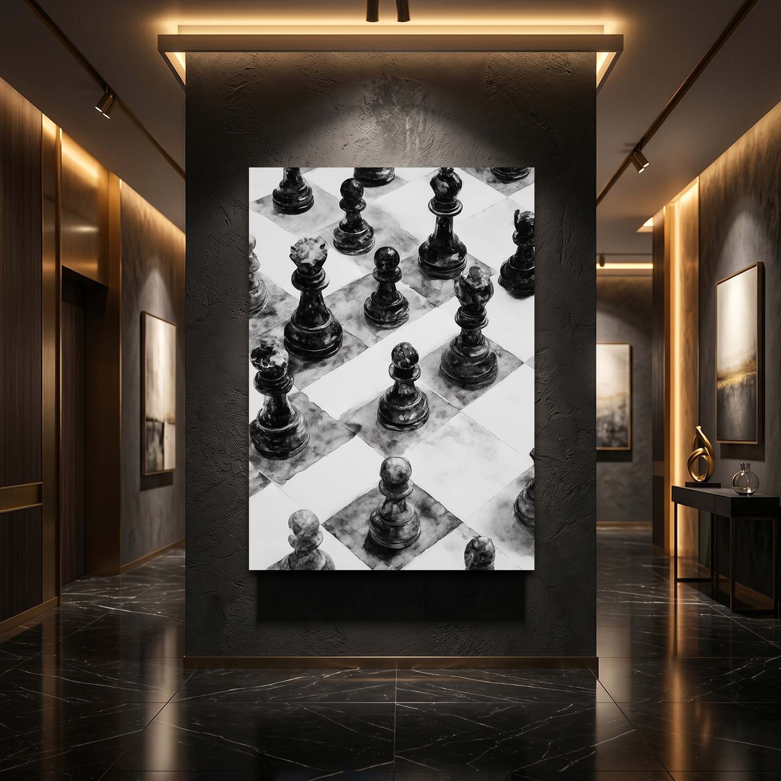 Charcoal Sketched Board Chess Prints – styled in a furnished interior