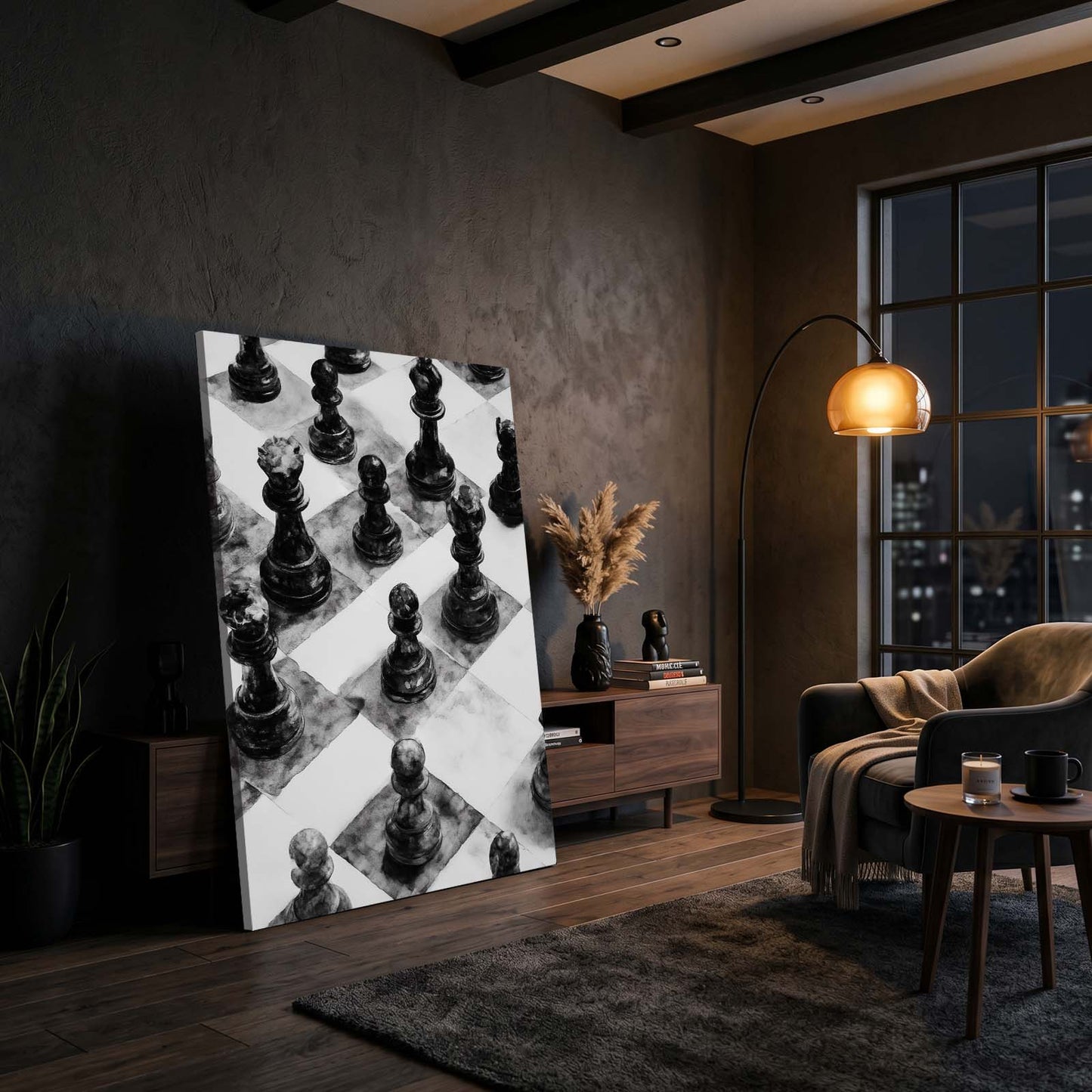 Charcoal Sketched Board Chess Prints – styled in a furnished interior