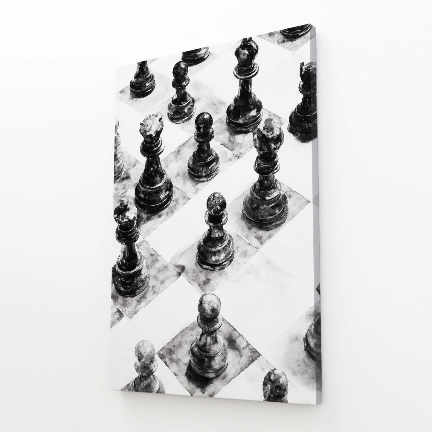 Charcoal Sketched Board Chess Prints – angled canvas view on white background