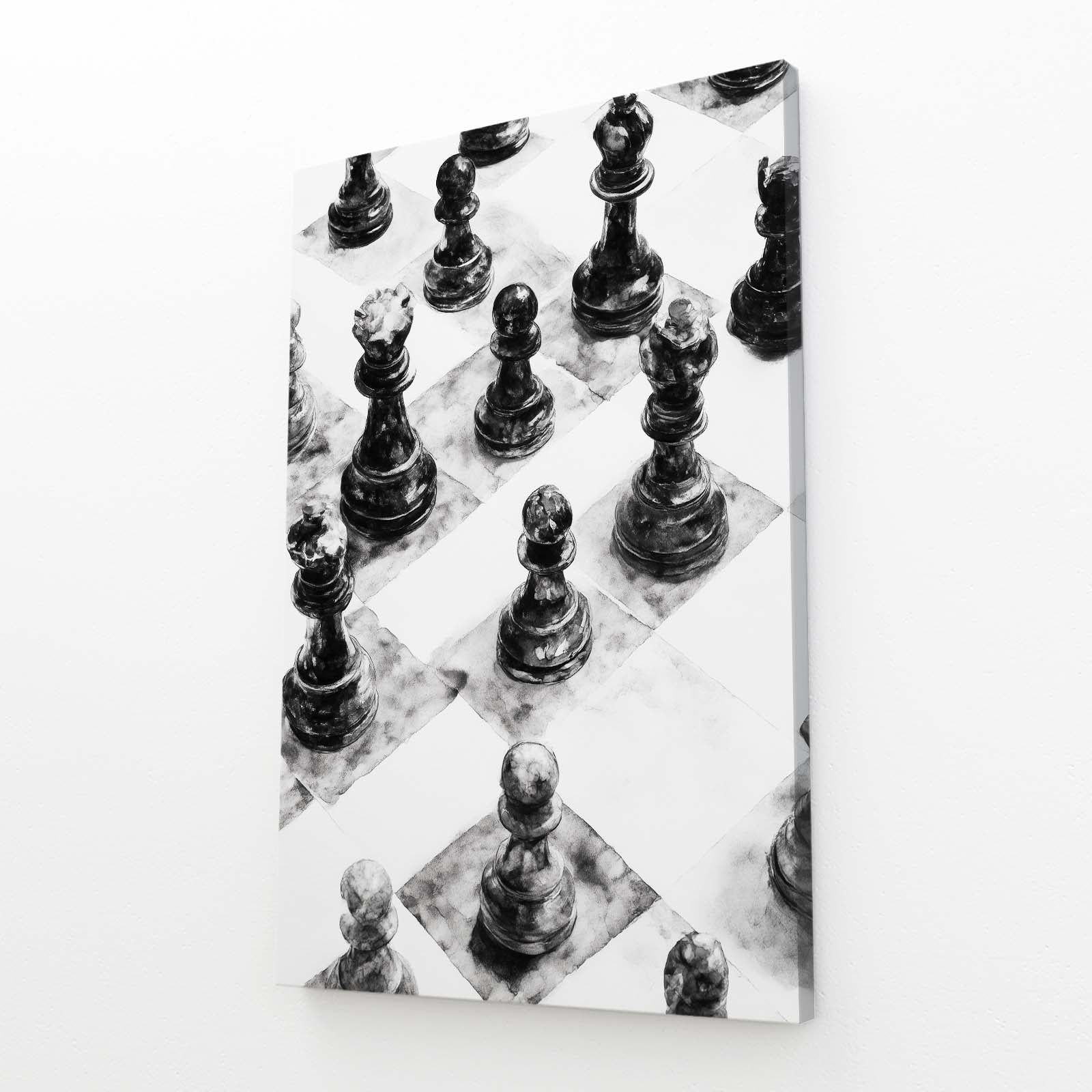 Charcoal Sketched Board Chess Prints – angled canvas view on white background
