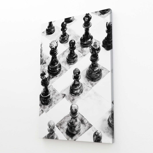 Charcoal Sketched Board Chess Prints – angled canvas view on white background