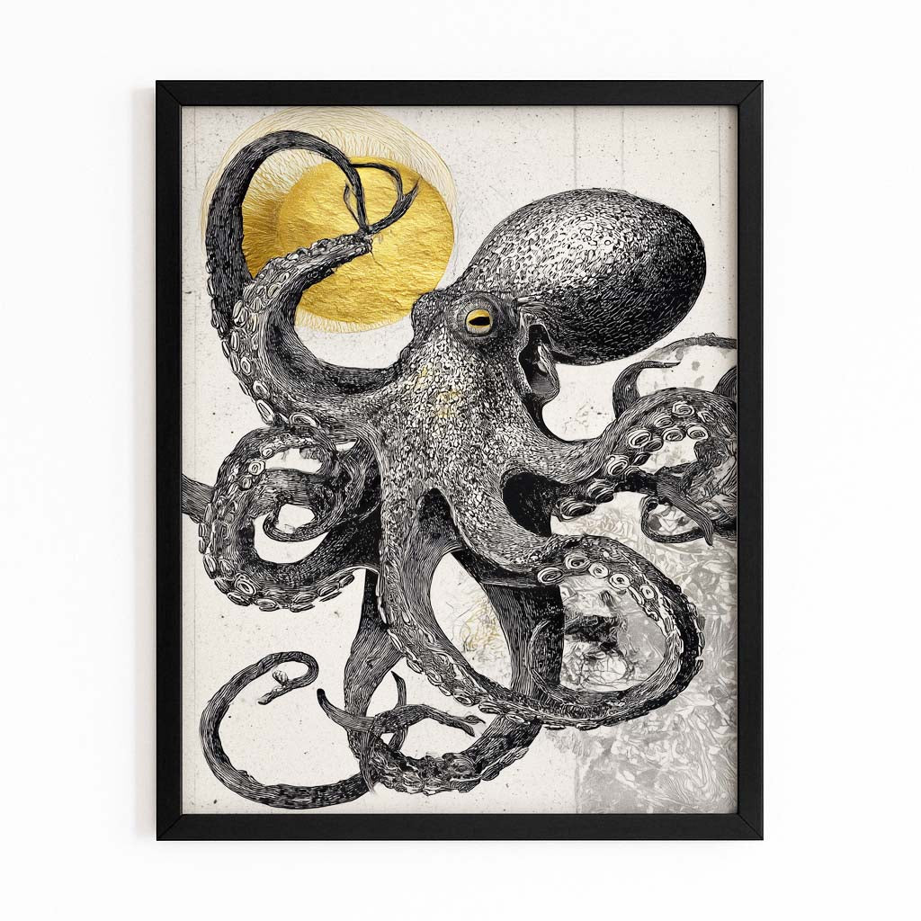 Charcoal Sun Sketch Octopus Canvas Art – with Premium Black frame on white background