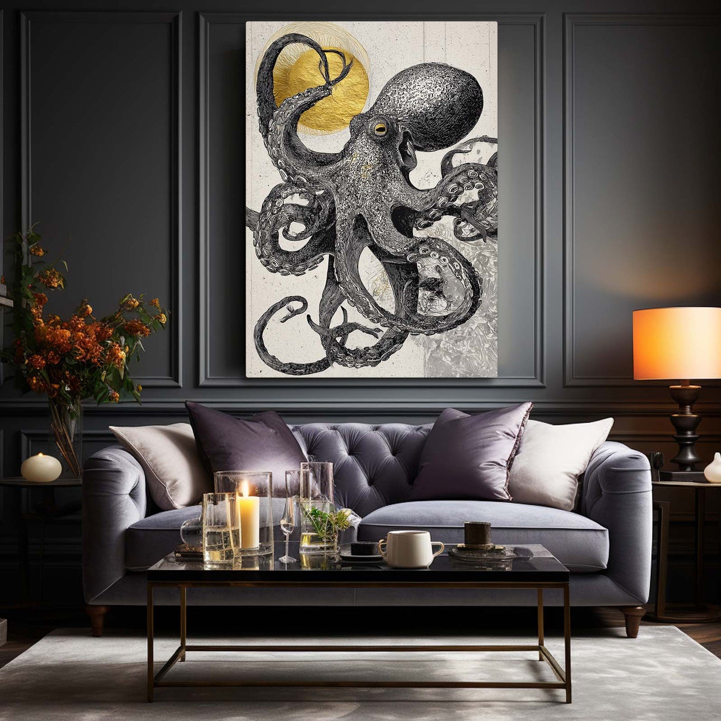 Charcoal Sun Sketch Octopus Canvas Art – styled in a furnished interior