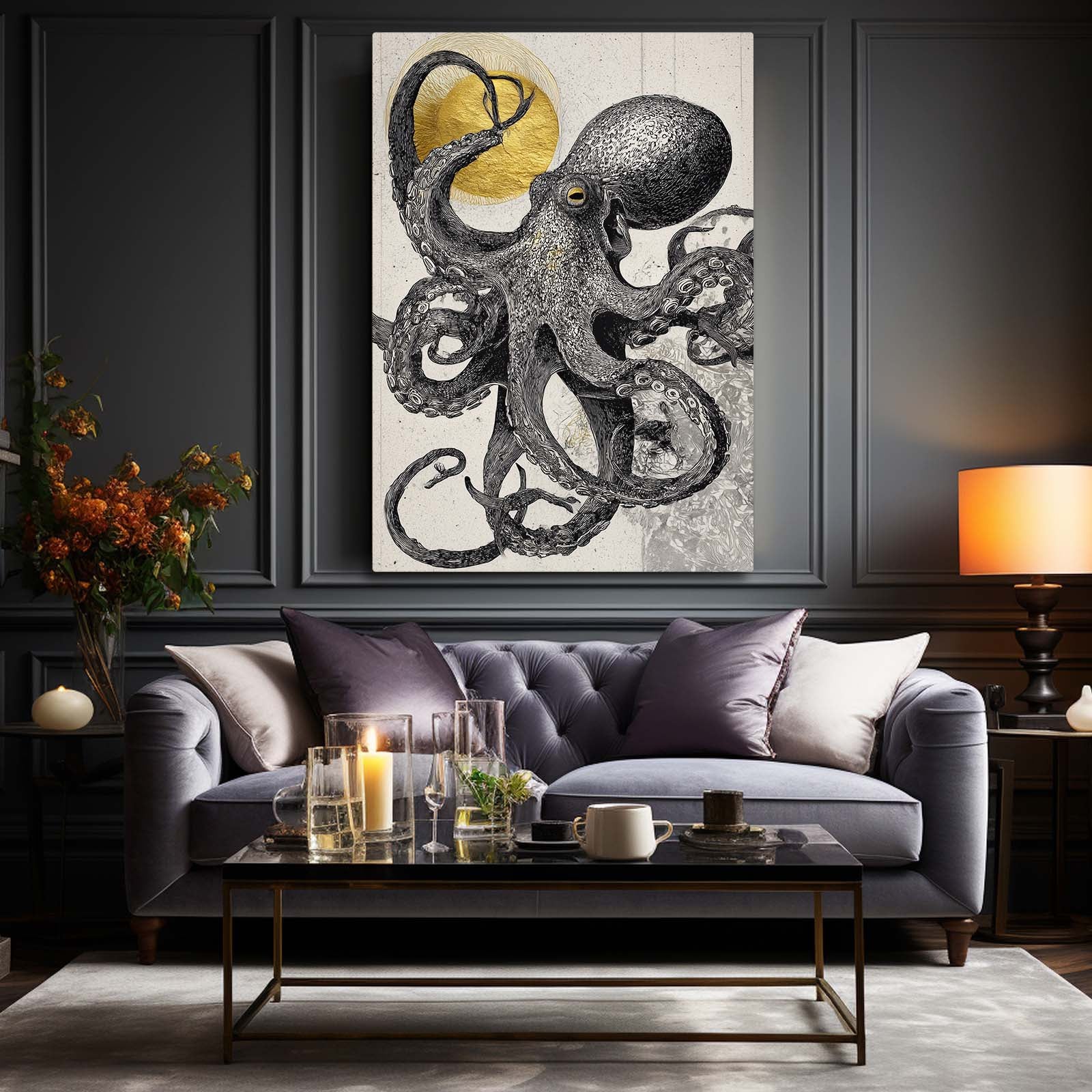 Charcoal Sun Sketch Octopus Canvas Art – styled in a furnished interior