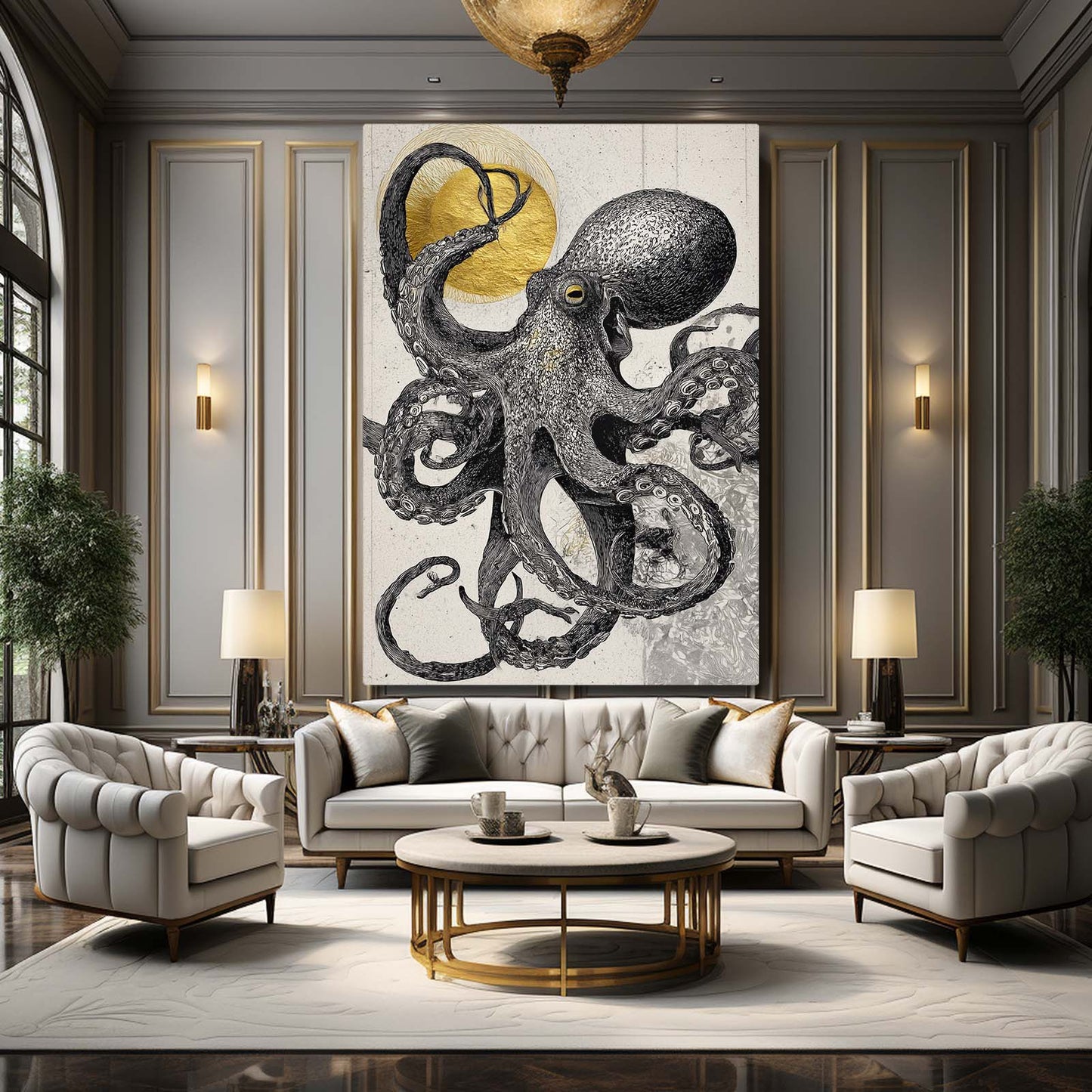 Charcoal Sun Sketch Octopus Canvas Art – styled in a furnished interior
