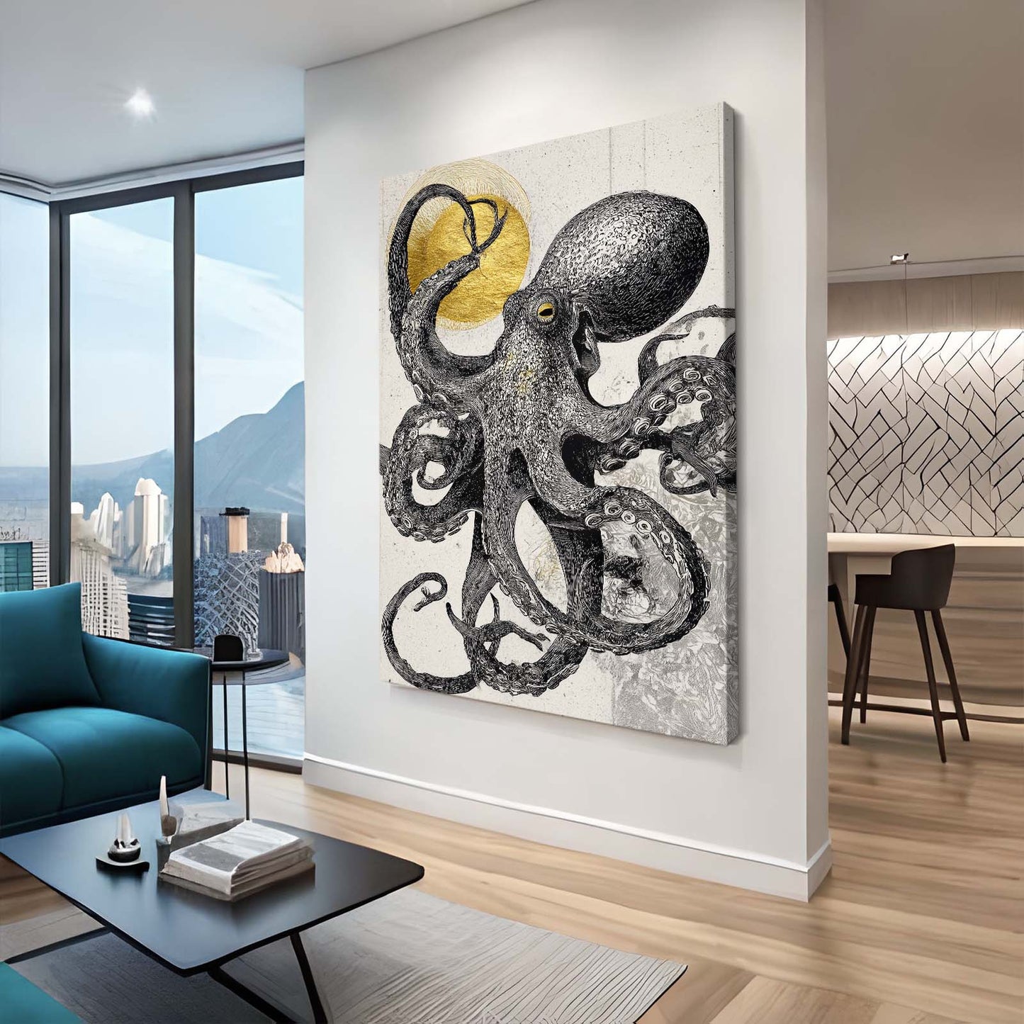 Charcoal Sun Sketch Octopus Canvas Art – styled in a furnished interior