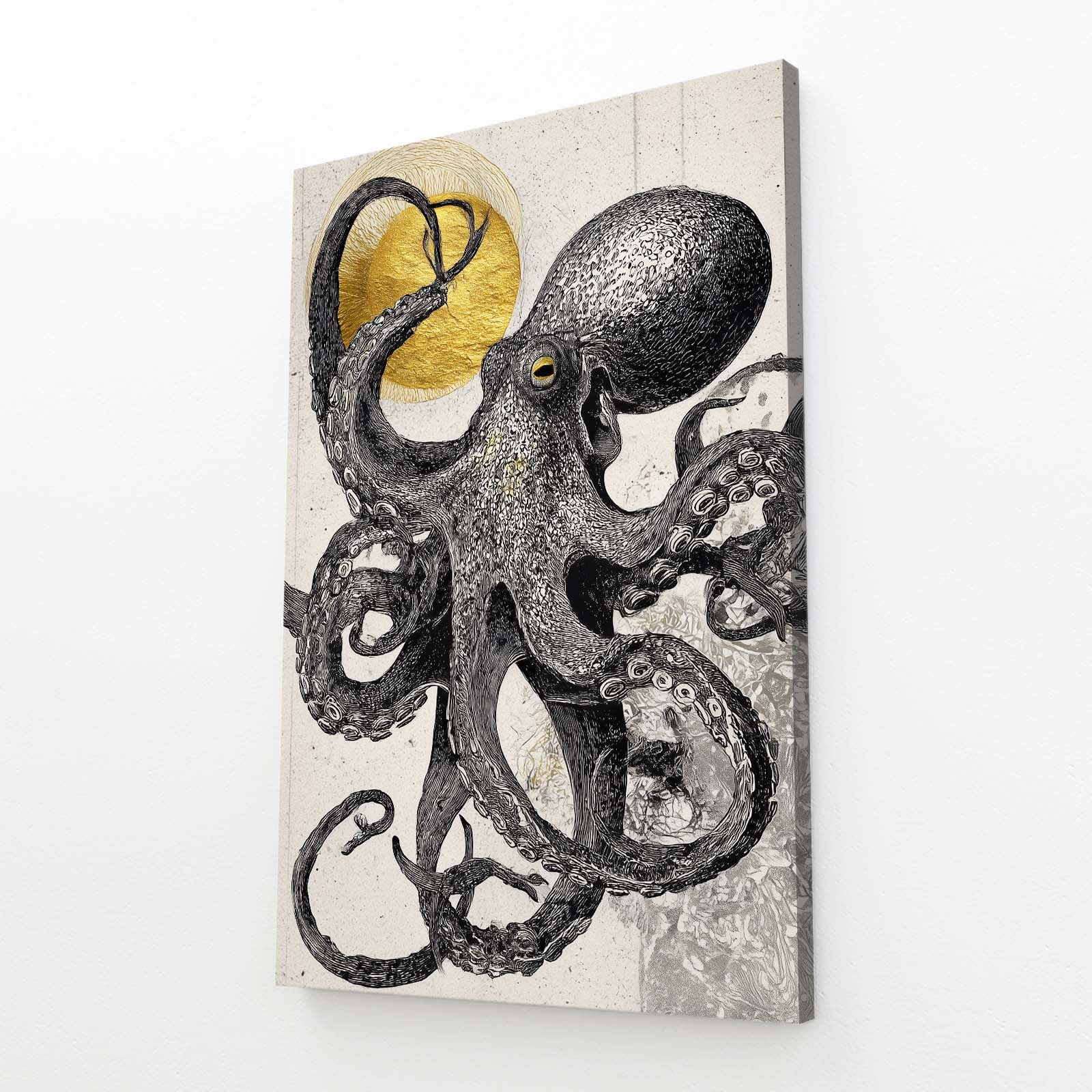 Charcoal Sun Sketch Octopus Canvas Art – angled canvas view on white background
