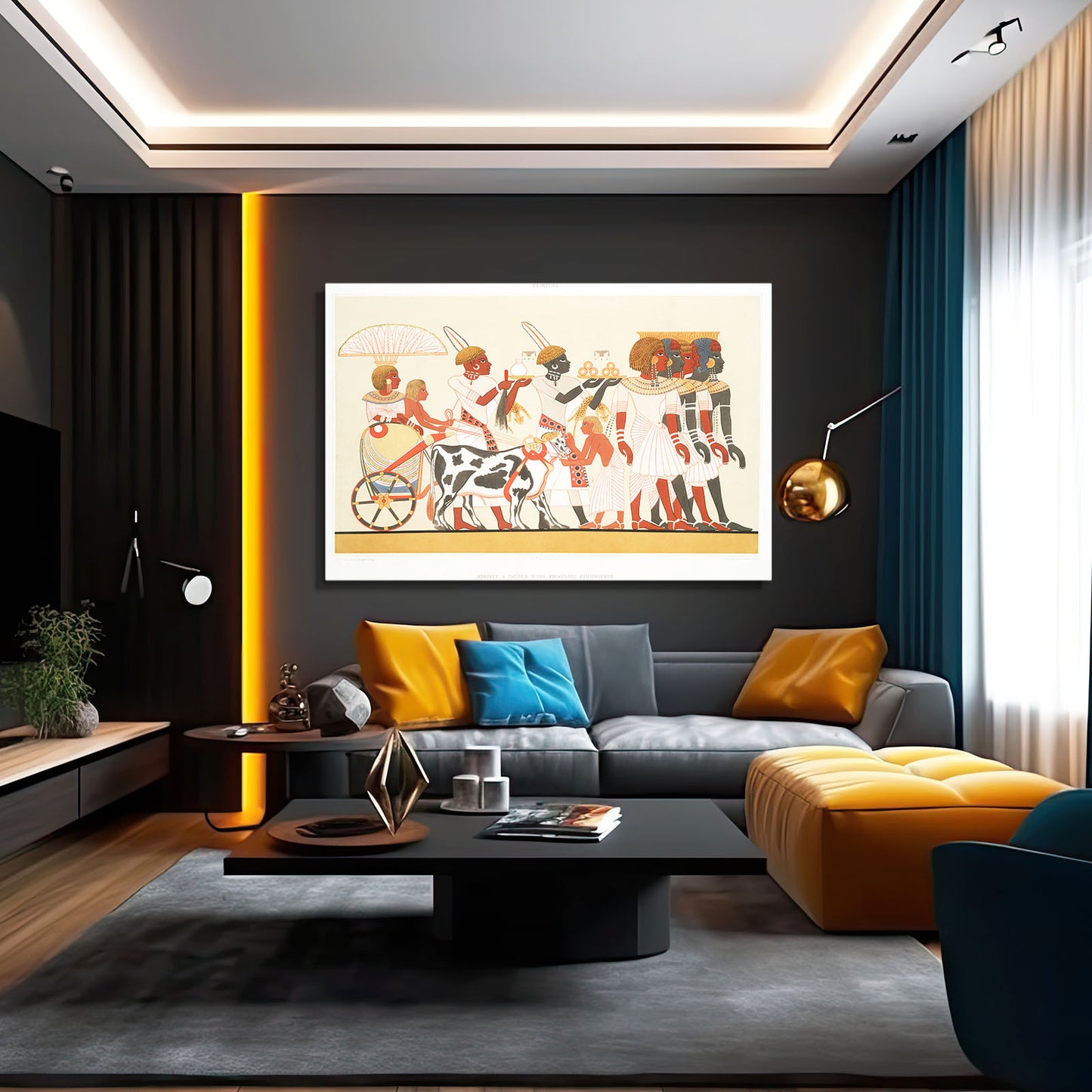 Chariot Battle Frieze Egyptian Prints – styled in a furnished interior
